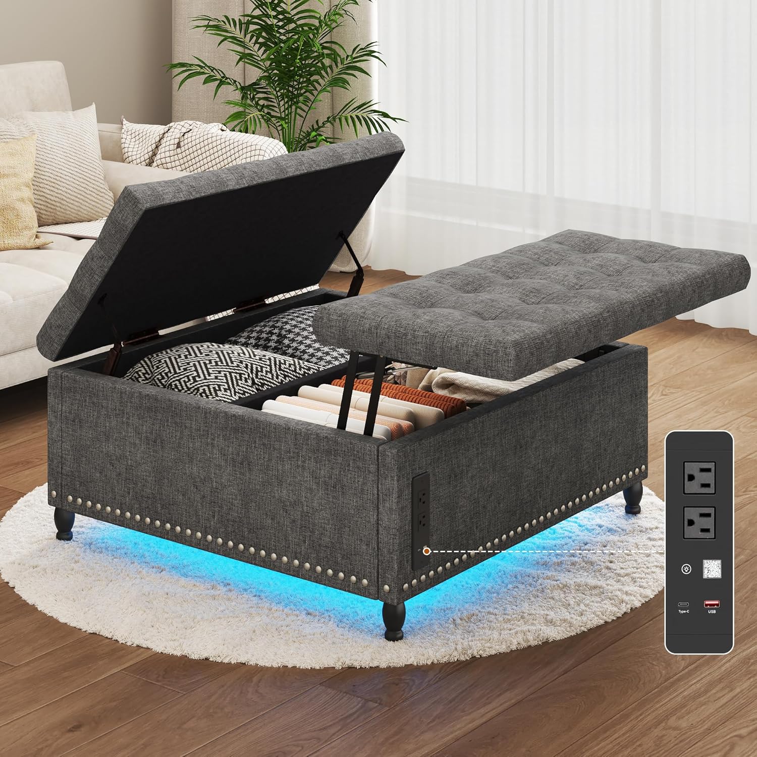 Squireewo Ottoman with LED Lights and Outlets,40" Large Square Storage Ottoman,Coffee Table Ottoman with Lift Top & Wooden Legs Morden Grey Footrest for Living Room, Bedroom