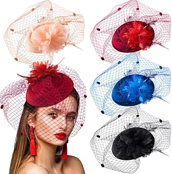 4 Pcs Fascinators Hat for Women Tea Party 20s 50s Vintage Pill Box Hat with Veil Broad Brim Flower Feathers Headwear for Ladies Church Funeral Wedding Bridal Shower Gift Decoration