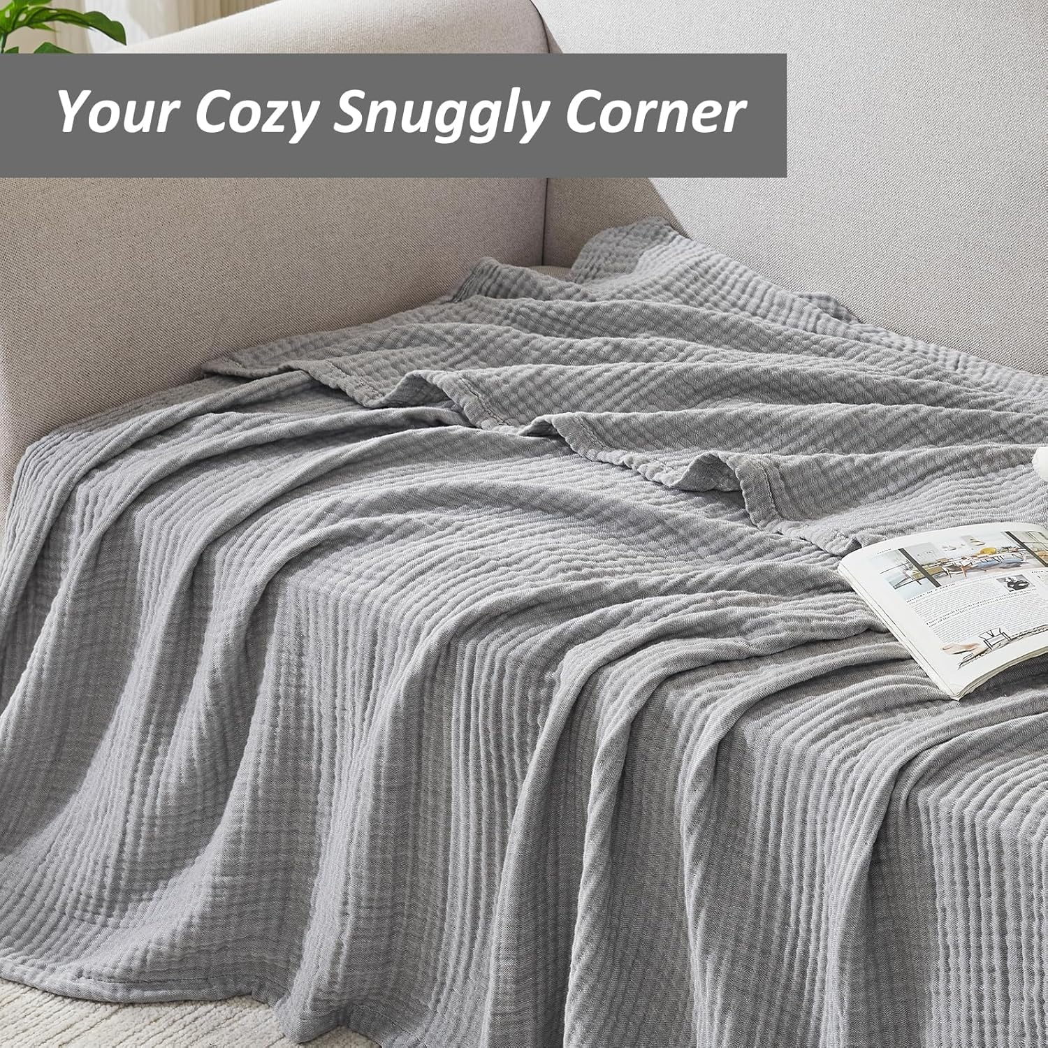 EMME Cotton Muslin Queen Blanket Bed Layering Bedspread Coverlet Breathable Gauze Soft Lightweight Blankets (Heather Grey, 90"x90")