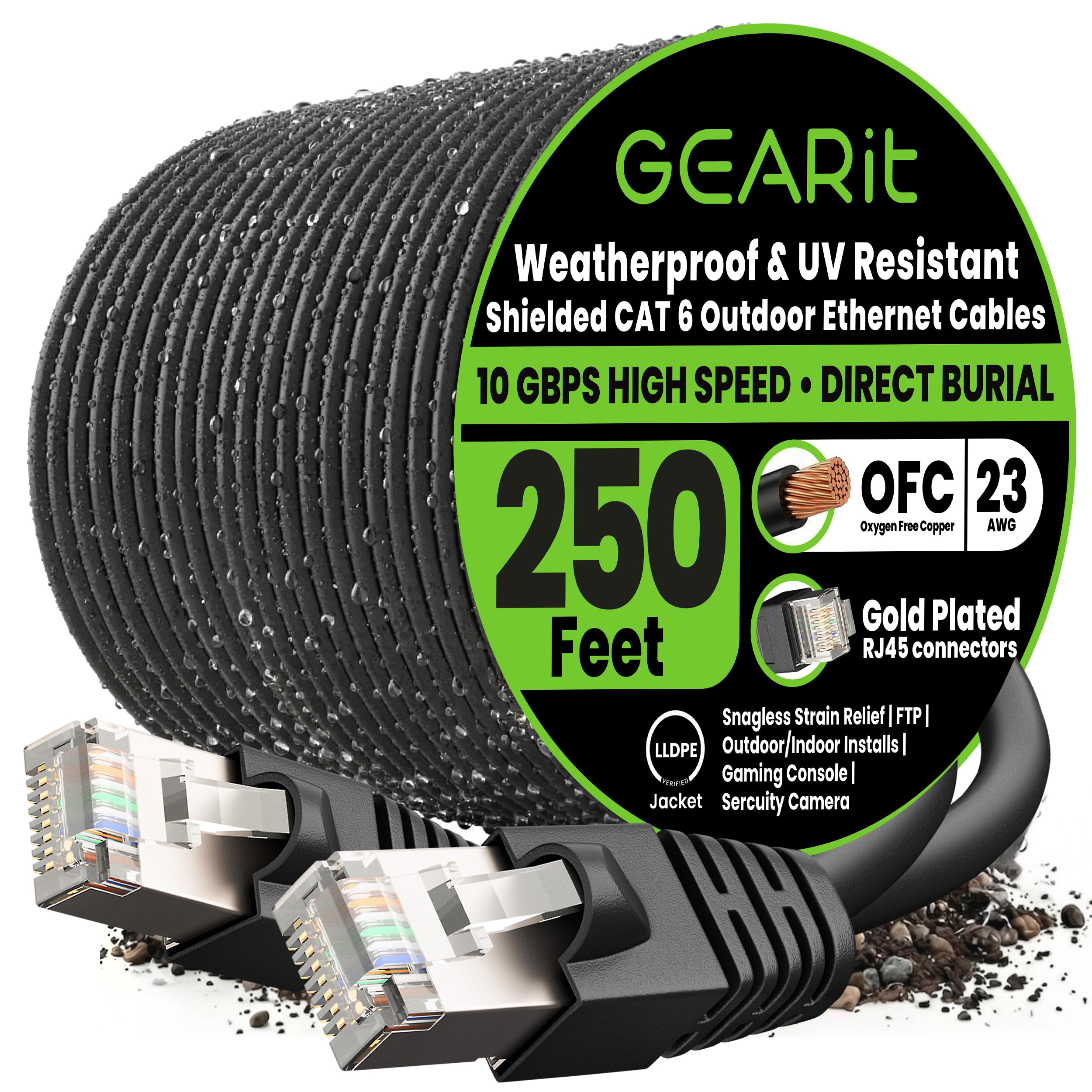 GearIT Cat6 Outdoor Ethernet Cable (250ft) 23AWG Pure Copper, FTP, LLDPE, Waterproof, Direct Burial, In-Ground, UV Resistant, POE, Network, LAN, Internet, Cat 6, Cat6 Cable - 250 Feet — image 1