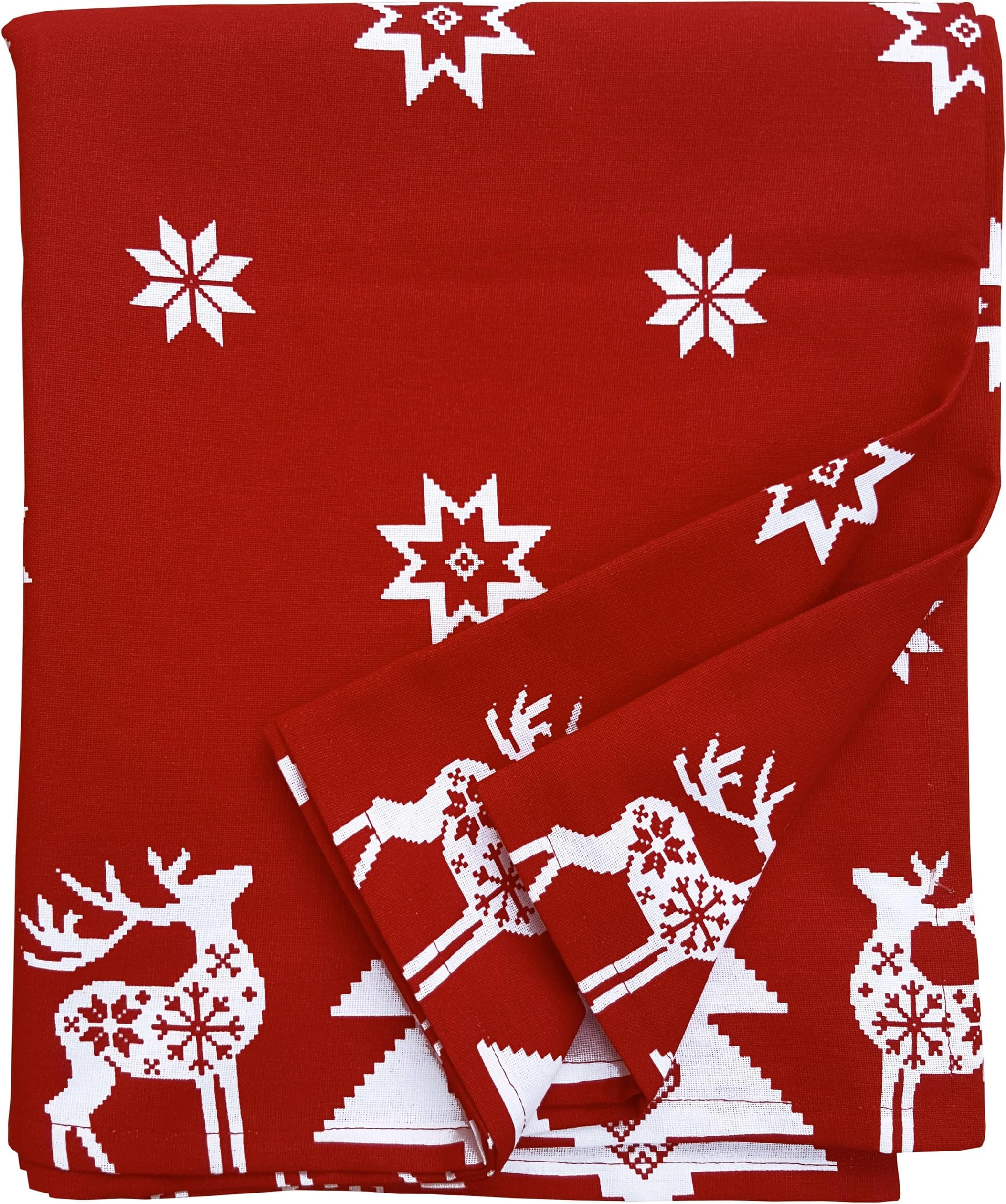 Christmas Table Cloth - Festive Linen Tablecloth with Nordic Style Prints for Living Room & Kitchen - Cotton Tablecloth That Fits a 6-7 Ft Table - Red Christmas Star Print