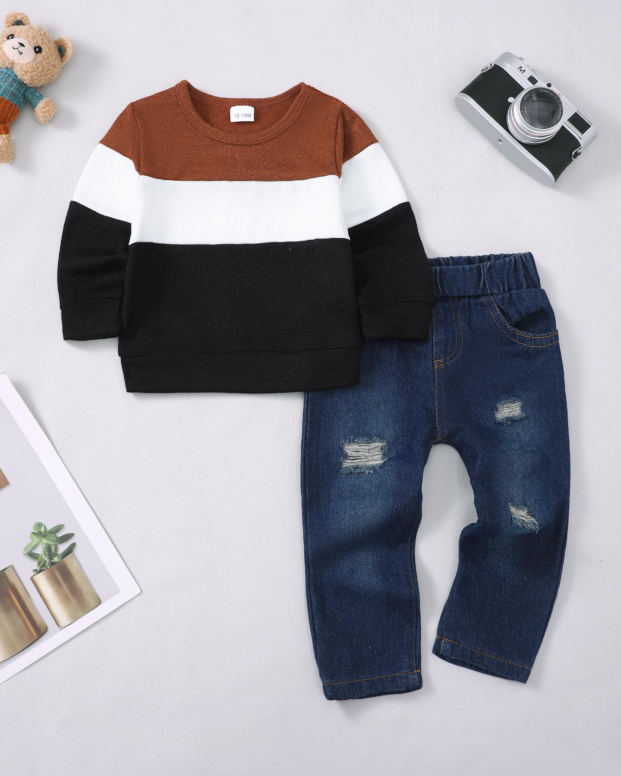 4T Boys Clothes Toddler Boy Clothes 5T Boy Outfits Kids Winter Color Block Brown Splice Long Sleeve Boys Sweatshirt Denim Pants Fall Jeans 4 5 Year old Clothing