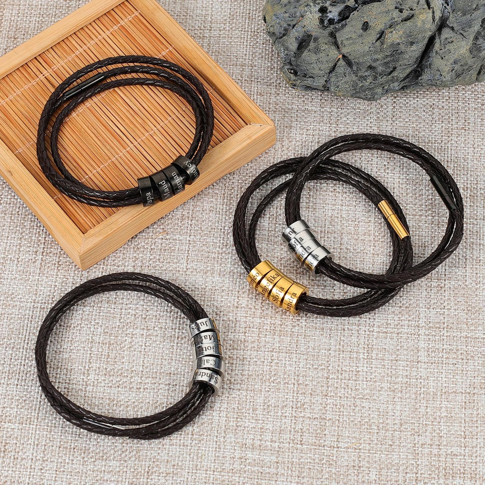 Pulsera de cuero trenzada personalizada para hombre, regalo de Navidad para el día del padre para novio y esposo, abalorios personalizados para hombres
