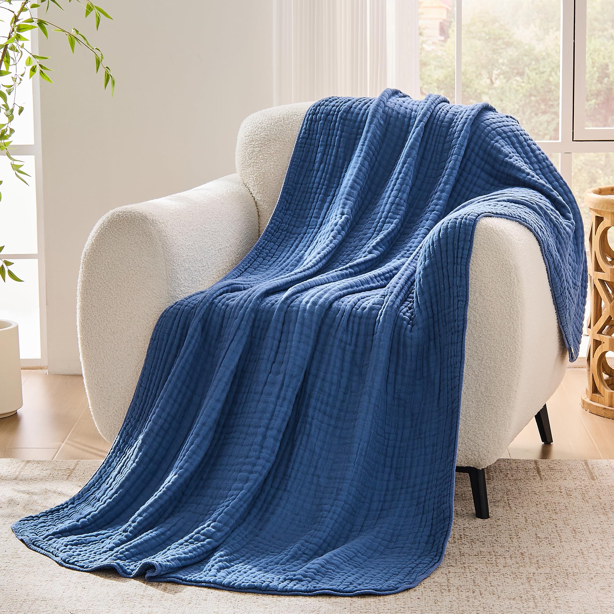 VANJOROY 100% Cotton Throw Blanket, 6-Layer Muslin Organic Soft Cozy Lightweight Large Throw for Bed Bedspread and Sofa - All Season Gauze Blanket,Blue-150x200cm โ image 1