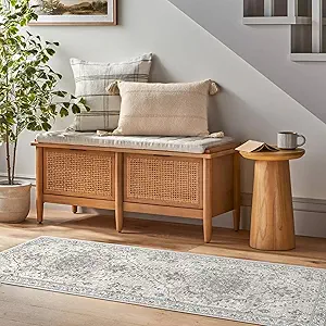 Deerly Vintage Runner Rug 2x6 Hallway Runners Boho Non-Slip Entryway Throw Rug Faux Wool Non-Slip Washable Low-Pile Floor Carpet for Indoor Front Entrance Kitchen Bathroom, Beige/Multi