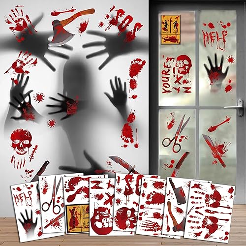Decoraciones de Halloween, 8 hojas de huellas de manos sangrientas, calcomanías espeluznantes para ventana, calcomanías de tatuaje, espejo de pared,