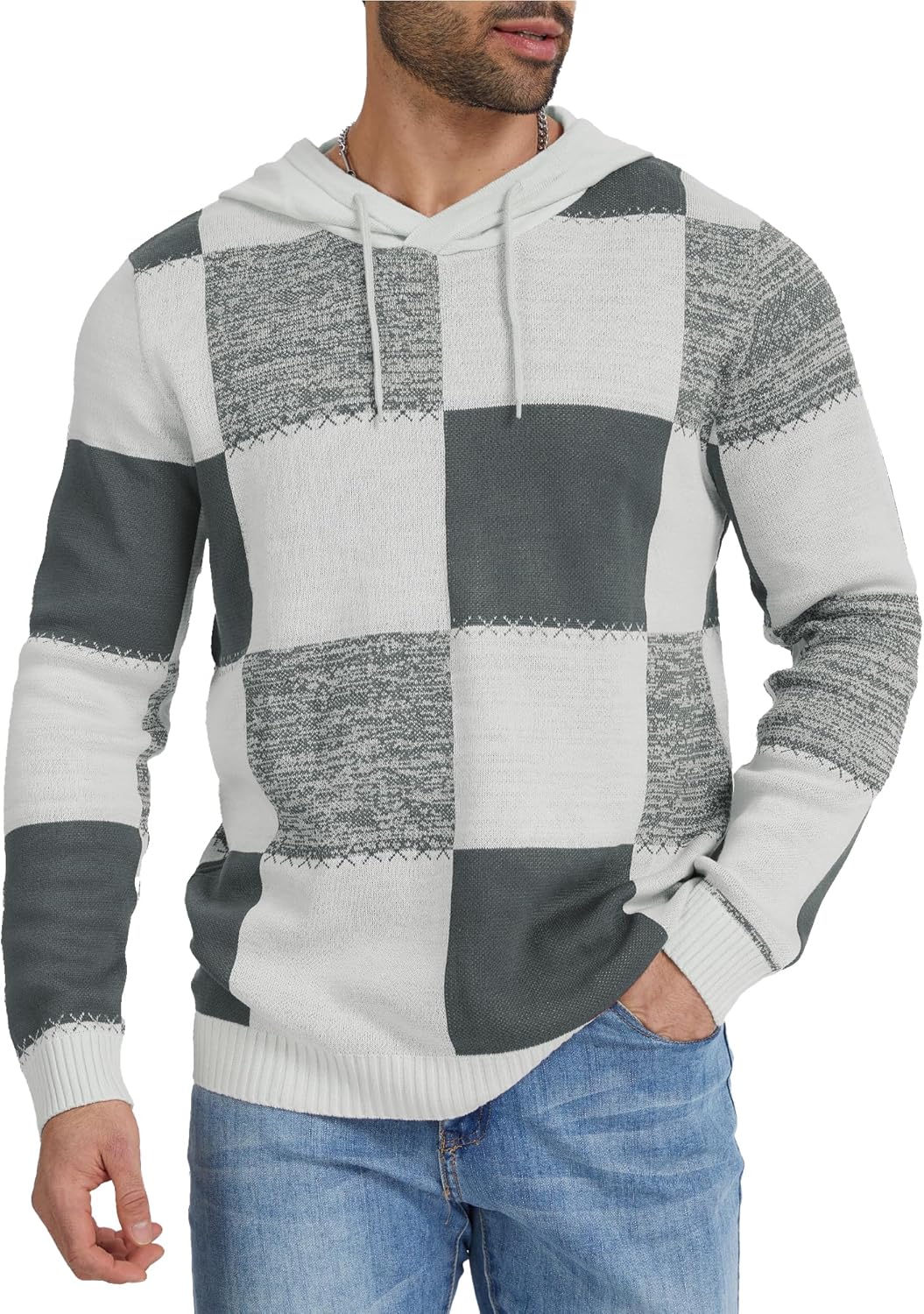Mens Checkerboard Hooded Sweater Color-Block Waffle Grid Knit Hoodie Retro Urban Streetwear Patchwork Sweatshirt