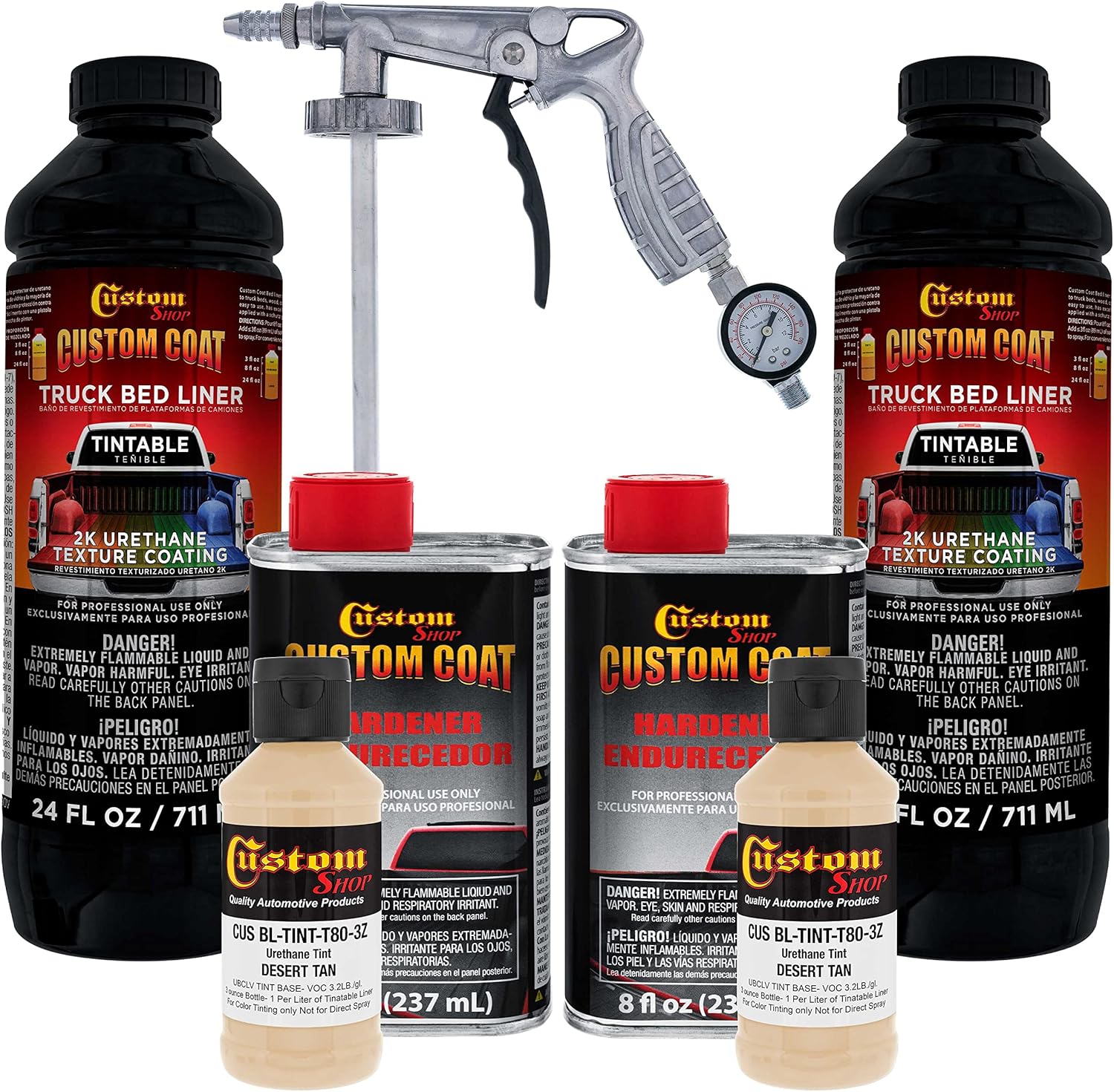Custom Coat Federal Standard Color # 33446 Desert Tan T80 Urethane Spray-On Truck Bed Liner, 2 Quart Kit with Spray Gun and Regulator - Durable Textured Protective Coating - Easy Mix Car Auto