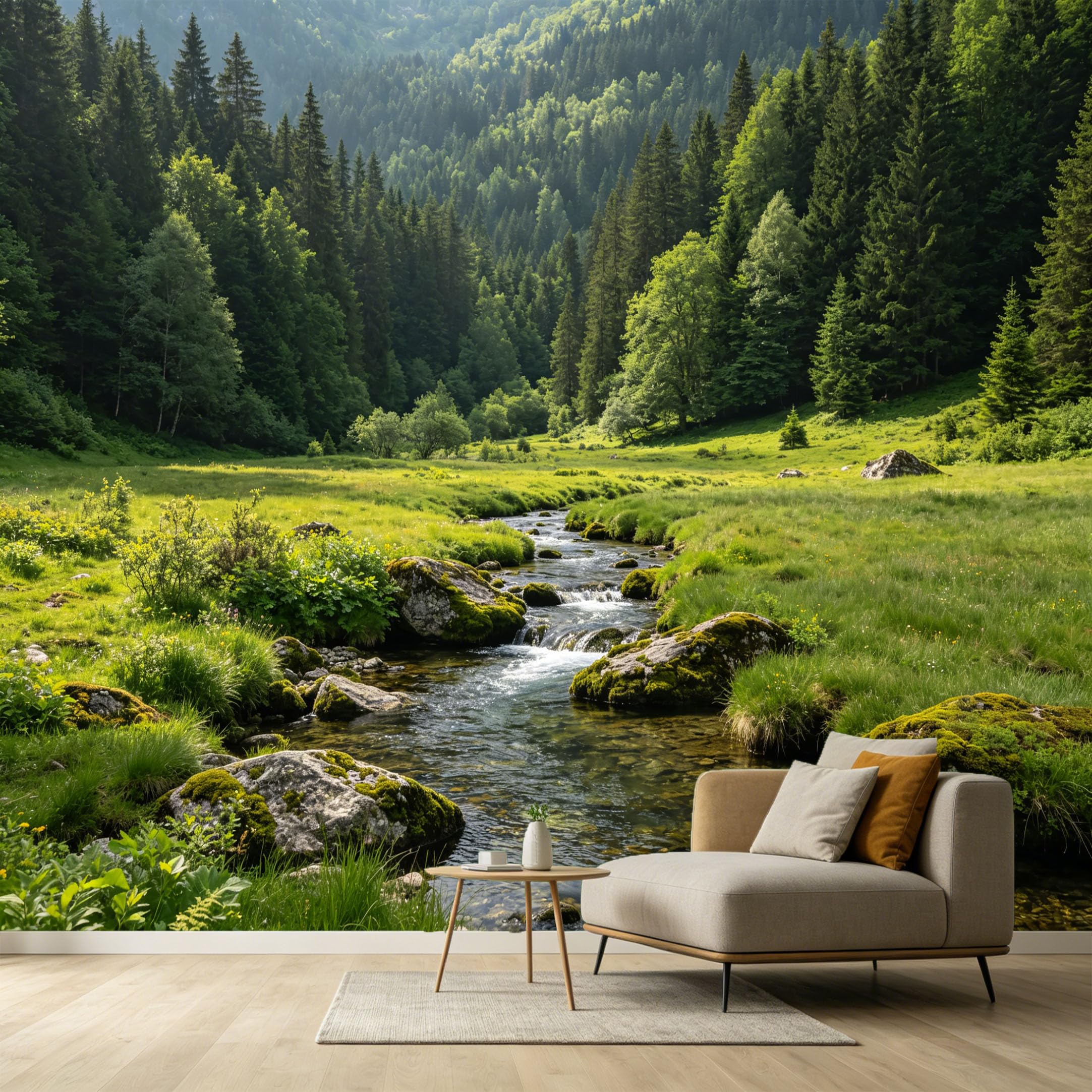 Custom Size Wall Murals Forest Landscape Mountain Stream Rocks Sunlit Meadow SelfAdhesive Wall Fabric Removable Large Wallpaper for Photo Living Room Interior Decor