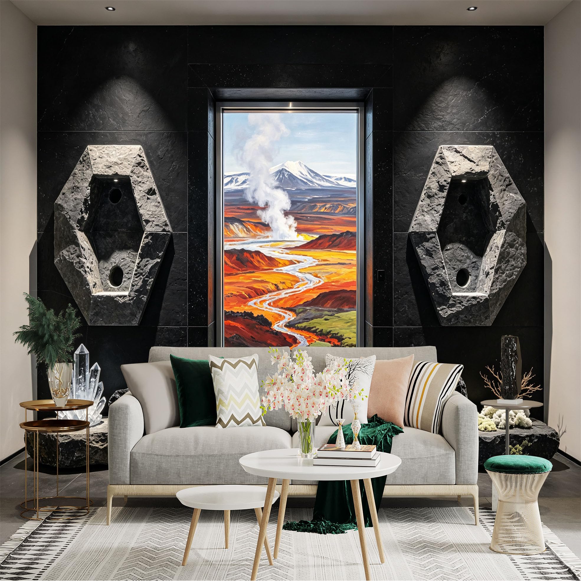 Custom Size Wall Sticker Mural， Volcanic Landscape with Lava River and Snow Mountain， for wall Decoration， peelandstick wall Decals.