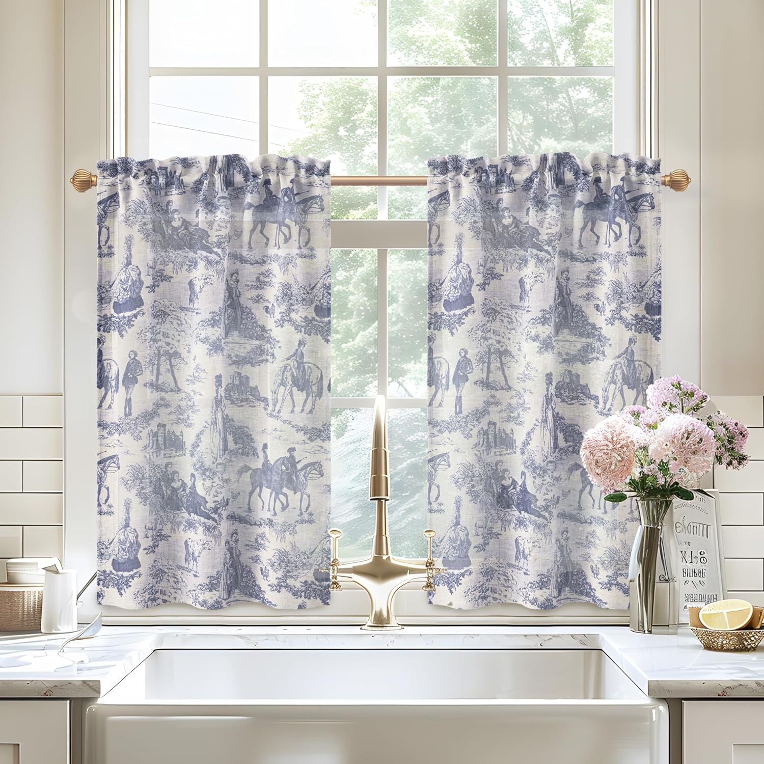DriftAway Kitchen Curtains Toile Tier Linen Short Curtains Cafe 36 Inch Length for Living Room Bathroom Farmhouse French Country Vintage Printed Pattern Rod Pocket 2 Panels Navy