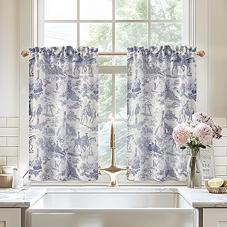 DriftAway Kitchen Curtains Toile Tier Linen Short Curtains Cafe 36 Inch Length for Living Room Bathroom Farmhouse French Country Vintage Printed Pattern Rod Pocket 2 Panels Navy