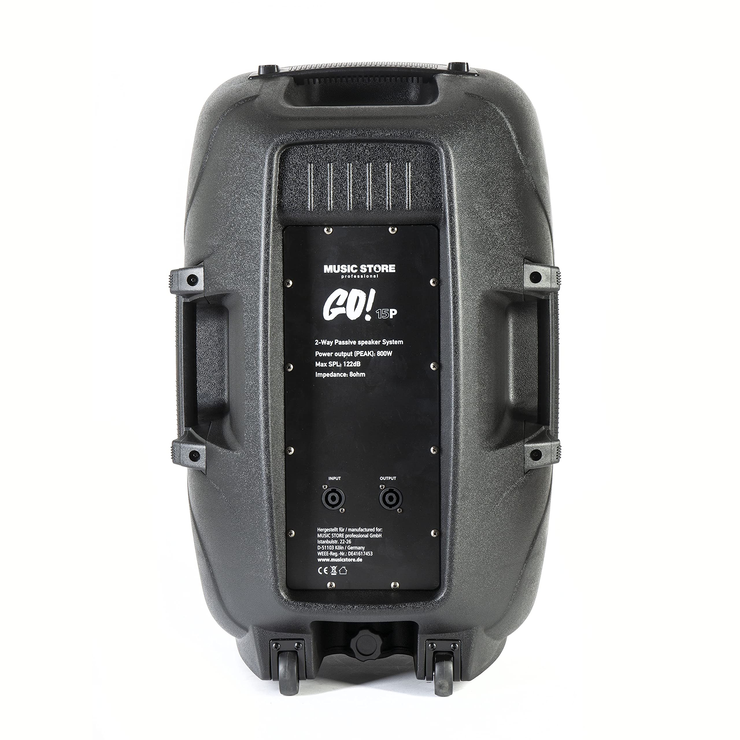 MUSIC STORE GO! 15P, 15 Zoll Passive Lautsprecher, 800W, 122dB, Frequenzbereich 55Hz-18Khz, 8 Ohm, Kunststoffgehäuse, 35mm Flansch, Speaker Twist-Anschlüsse