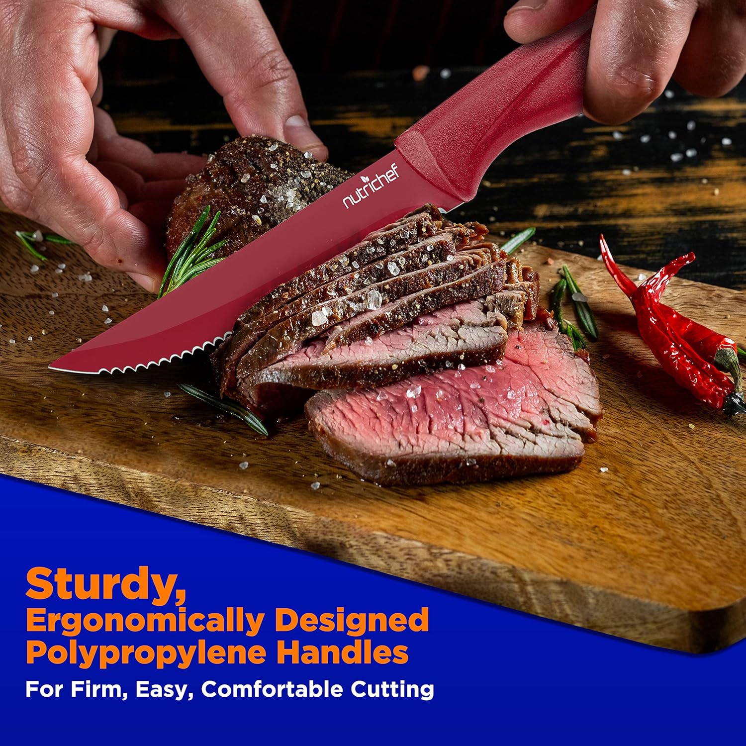 NutriChef Steak Knife Set of 8 - Premium Serrated Stainless Steel Kitchen Knife Set - Ergonomic Design, Sharp Blades, Non-Stick, & Rust-Resistant - Perfect for Home, BBQ's & Restaurants Red