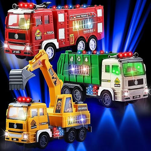 Miniatura 3 de JOYIN Camiones de juguete 3 en 1 camión de bomberos de juguete automático Bump  Go de juguete camión de basura excavadora de juego con luces 4D y