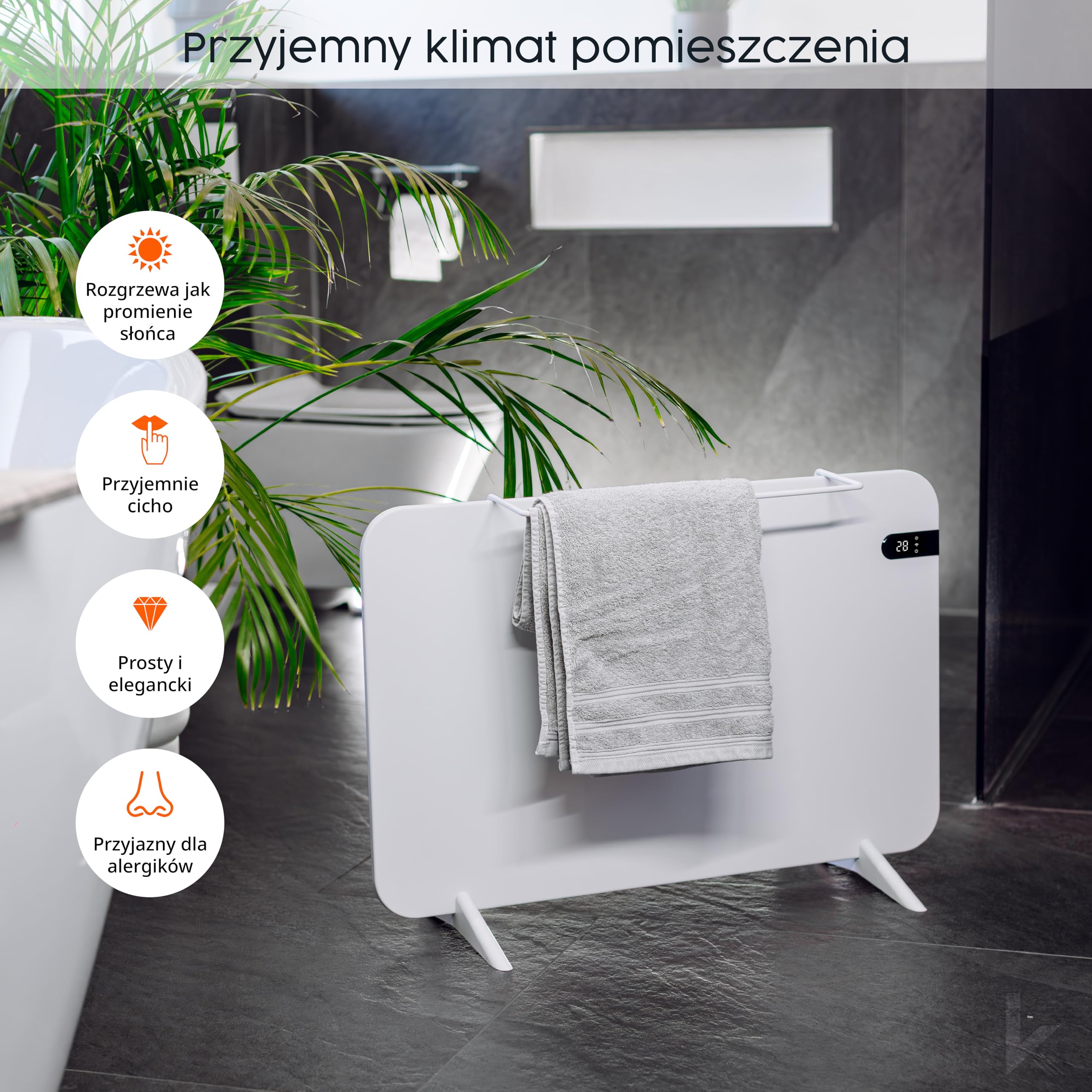 Könighaus Inteligentny grzejnik na podczerwień dual 800 W z kontrolą Wi-Fi przez aplikację i pilot, w zestawie nóżki z wieszakiem na ręczniki oraz zestaw montażowy Kolor: Biały