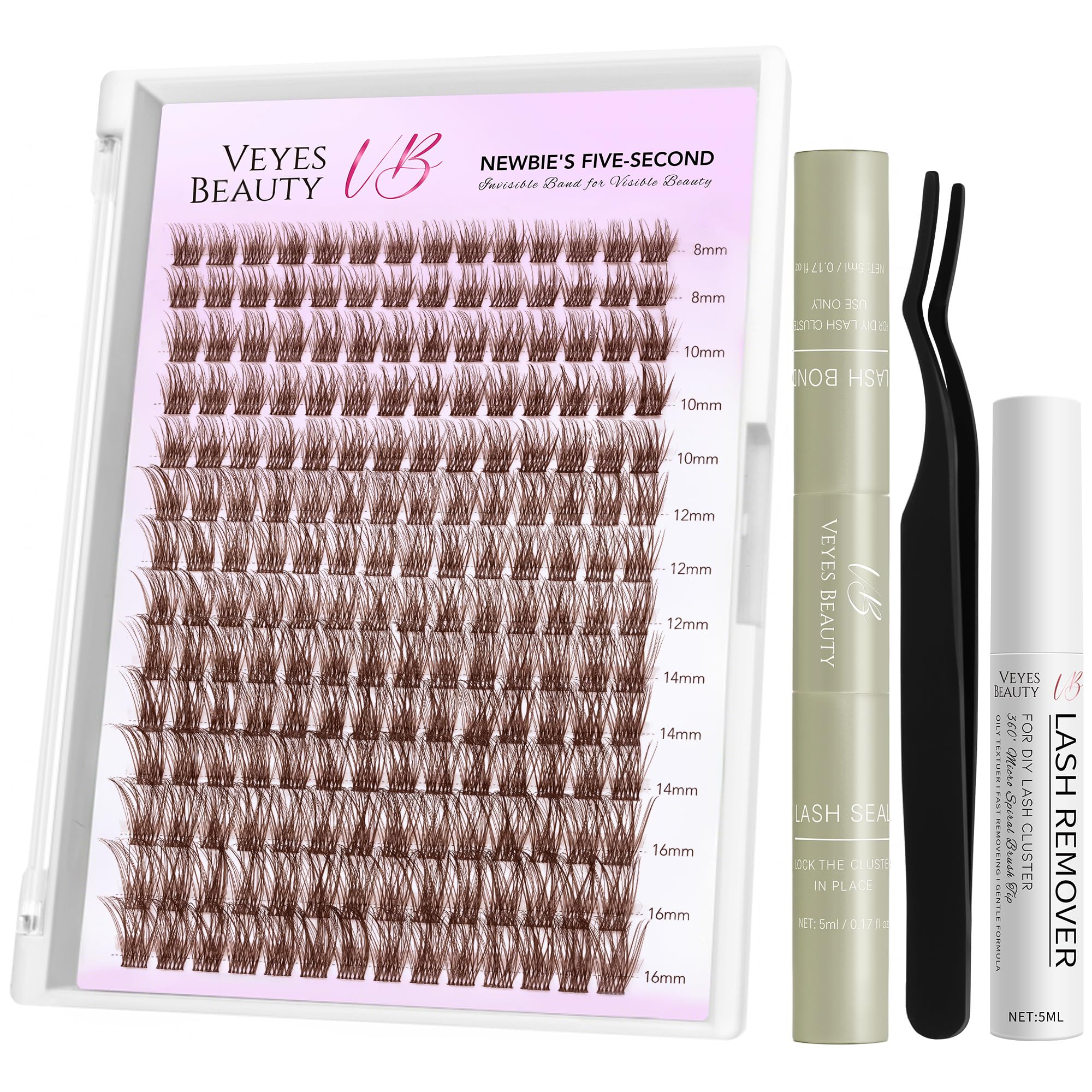 VEYESBEAUTY Pestañas Postizas MarronesNewbie's Five-Second Kit Pestañas Pelo a Pelo Com Pegamento y Sellado Lash Cluster Pestañas Individuales (Dreamy Kit, 8-16mm)