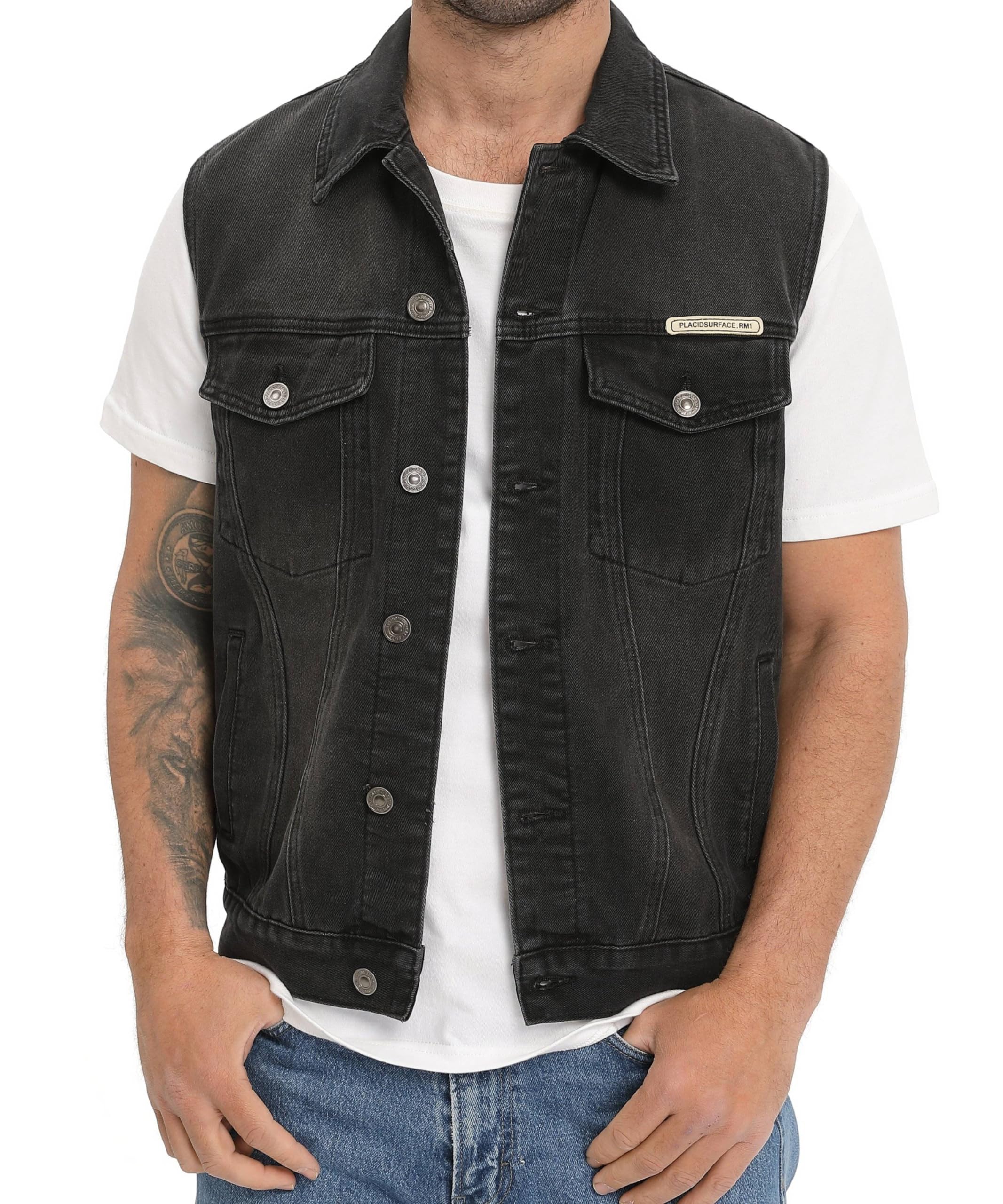 Homme Gilet en Jean Veste Courte Denim Rétro Gilet Multi-Poches Denim Veste Classique Biker Jean Gilets Décontractée Cowboy Sans Manches