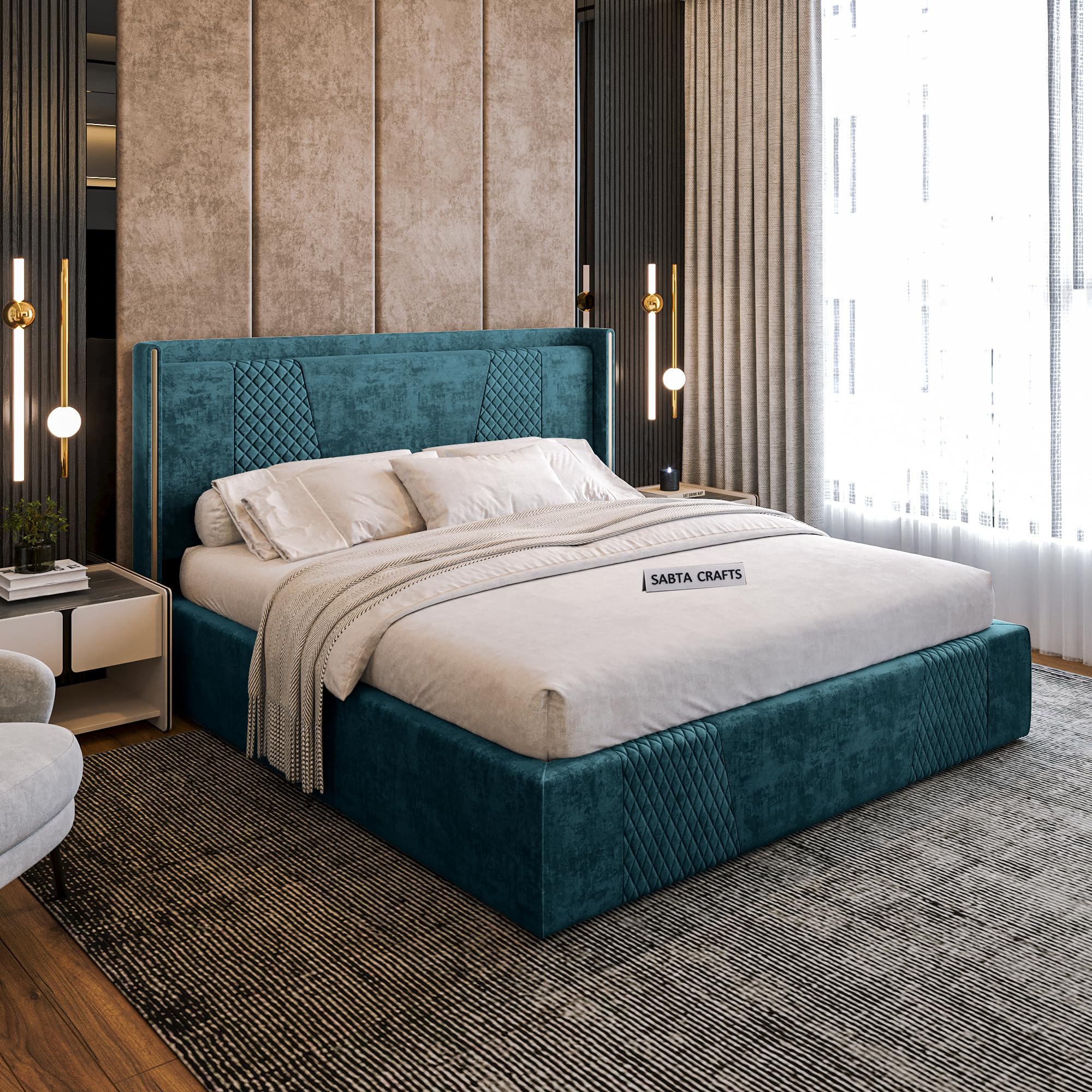 SABTA Craft Upholstered Bed King Size with Storage for Bedroom | Wooden Platform Double Cot King Size Bed with Box Storage for Hotels | Upholstery Premium Fabric | 6.5 x 6 Ft | Sheesham Wood, Jade