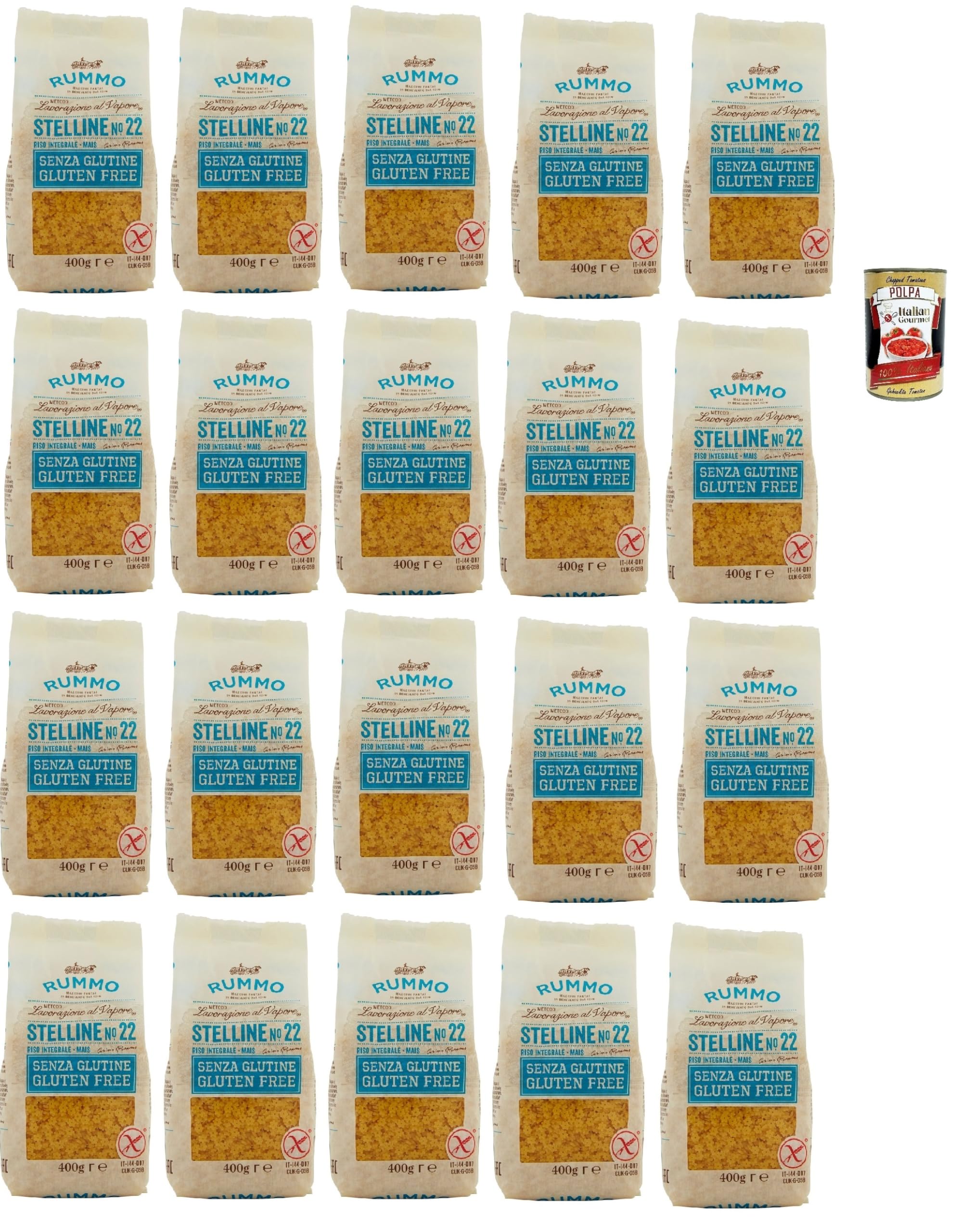 Pasta Rummo Stelline sin gluten n° 22, bronce dibujado sin glutema, perfecto para personas con enfermedad celíaca o intolerancia al gluten, 10 x 400 g + Polpa italiana Gourmet 400 g