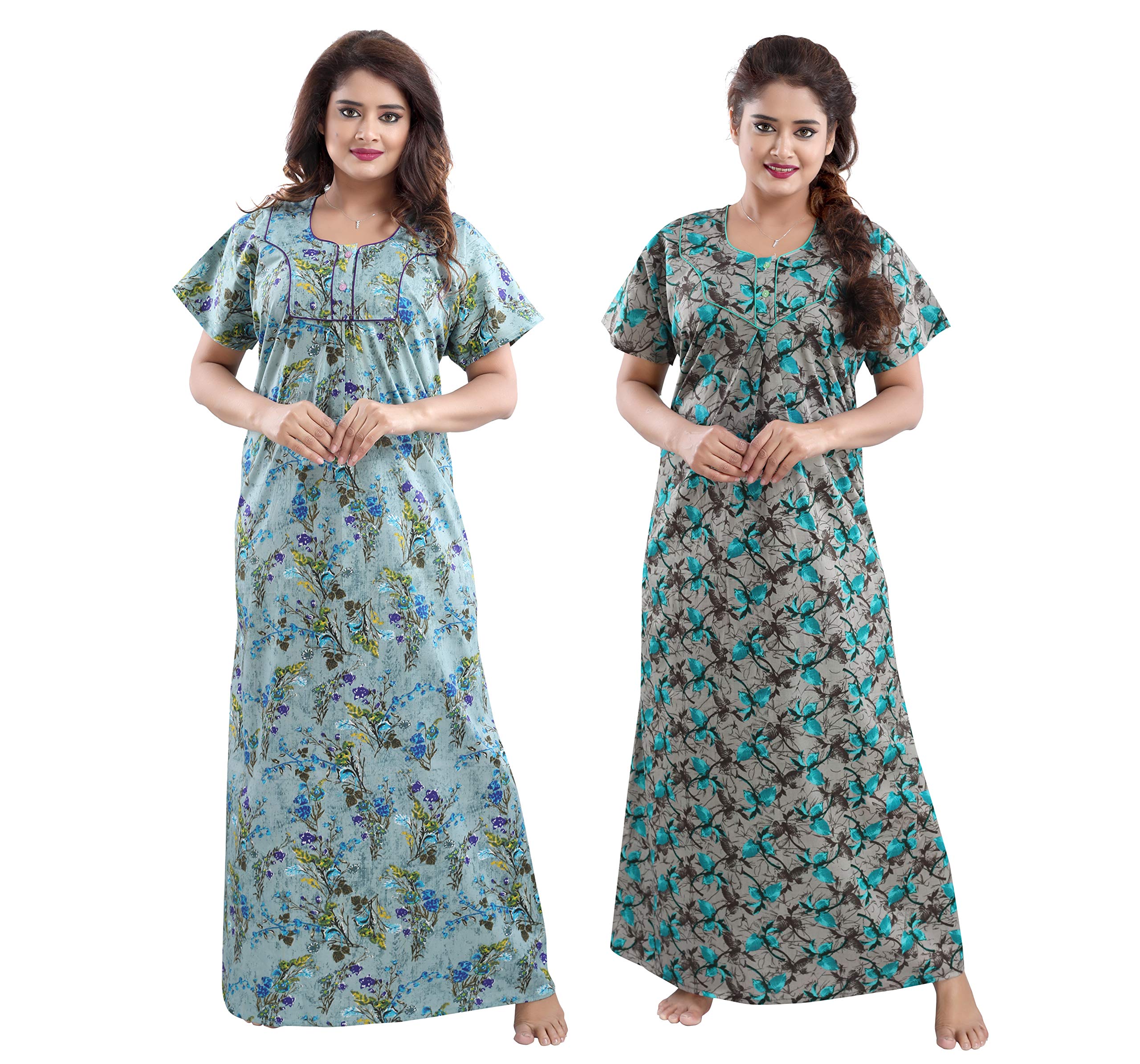 YKIWomen's/Girls Cotton Fabric Beautiful Print Nighty/Nightgown/Nightwear/Nightdress with Pocket (PACK of 2)