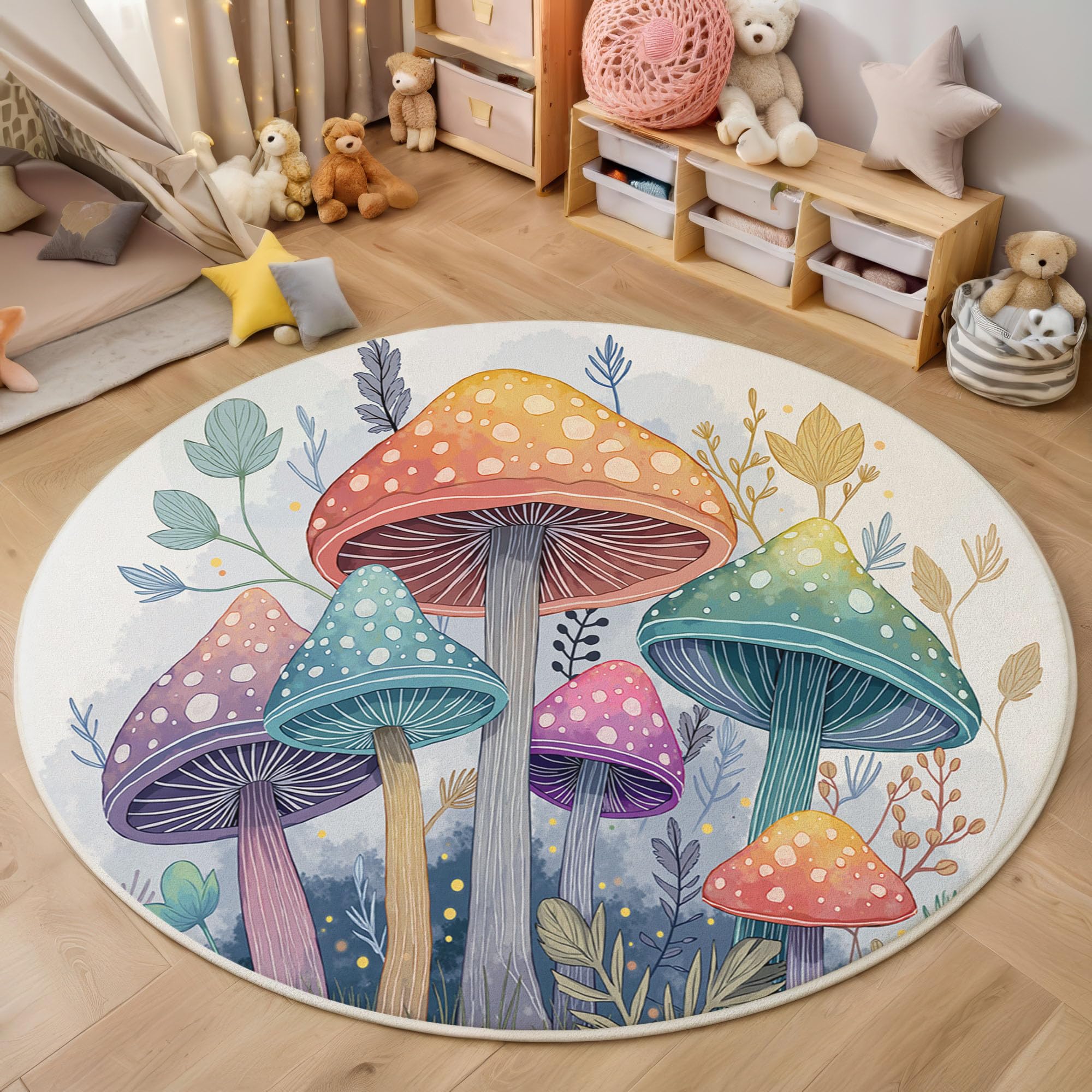 Tapis fantaisie conte de fées lavable au motif feuilles et champignons