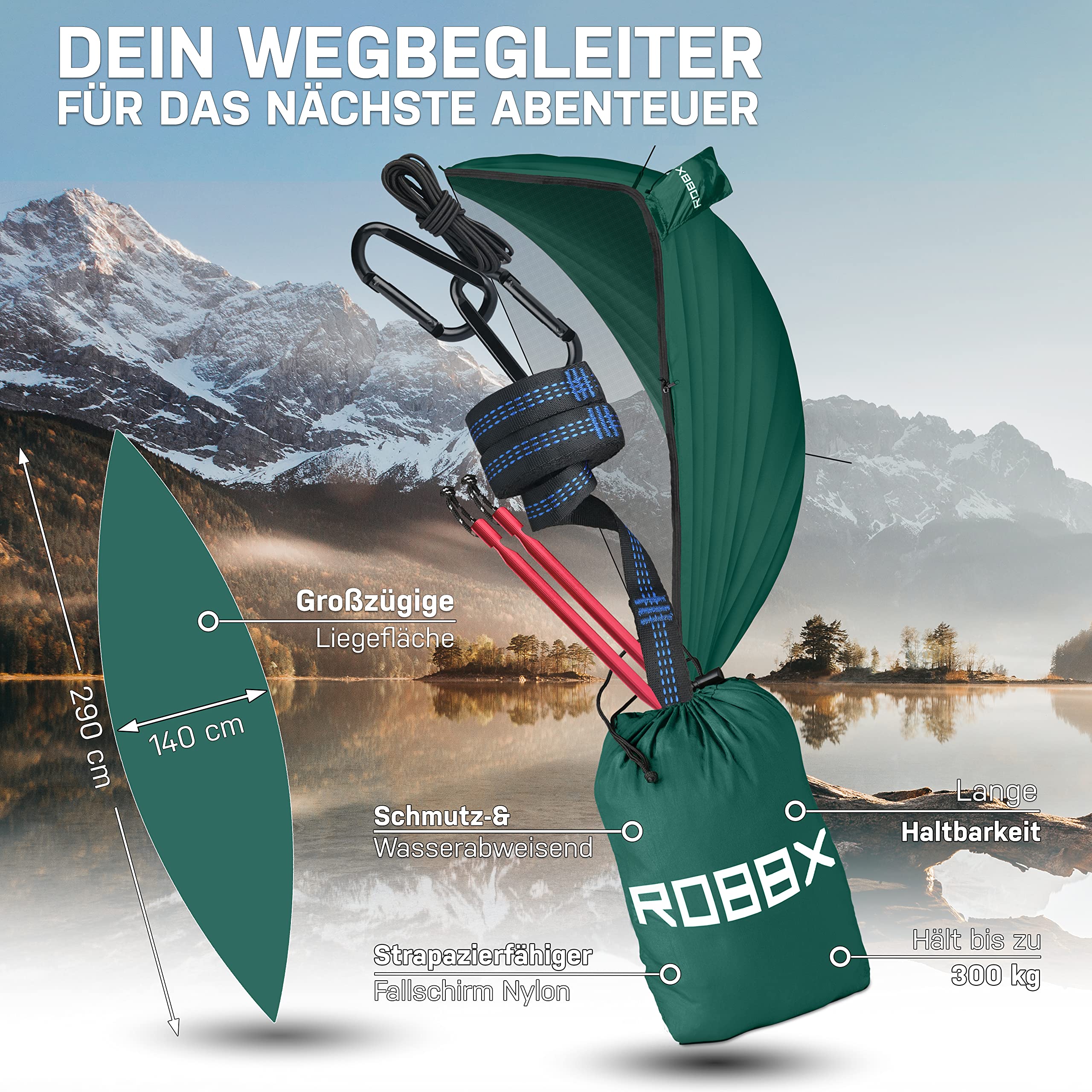 ROBBX® Hängematte Outdoor mit Moskitonetz, 300 kg, Befestigungs-Set, Nylon