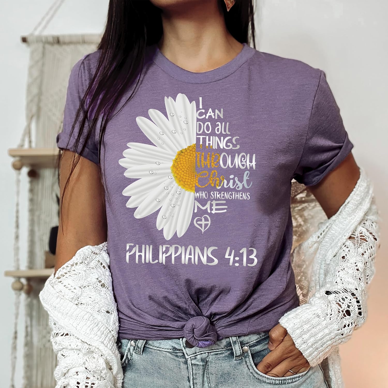 Love in Faith Christian Shirts for Women | I Can Do All Things Daisy | Faith Shirts for Women – Christian T Shirts - Image 2