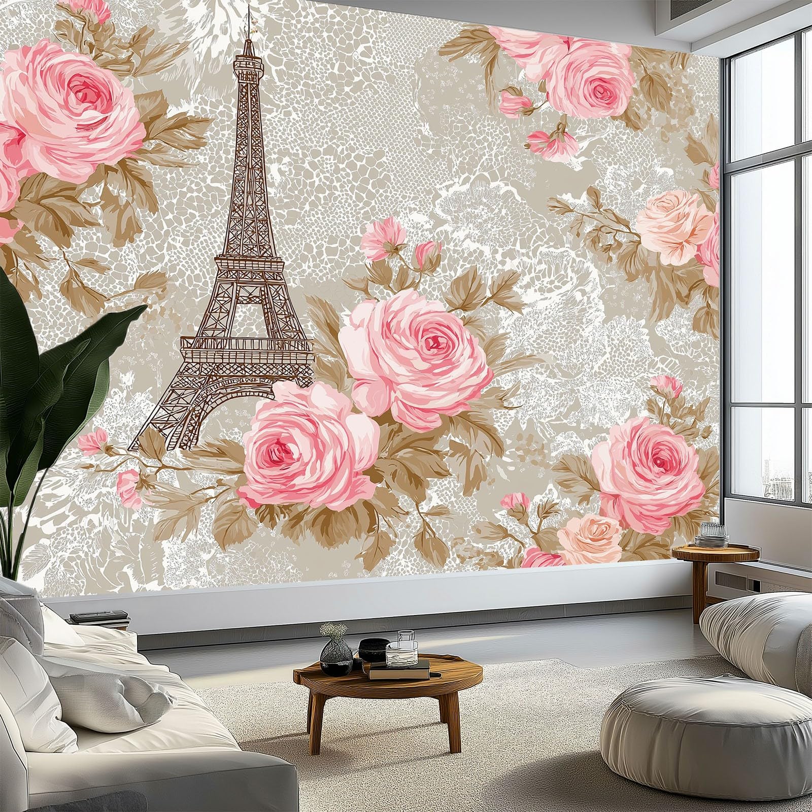 Générique Panoramiczna tapeta w stylu vintage romantyczna wieża różowa koronka 250 x 175 cm, tapeta 3D ciemnoszara z włókniny, gigantyczny plakat do salonu, sypialni i biura