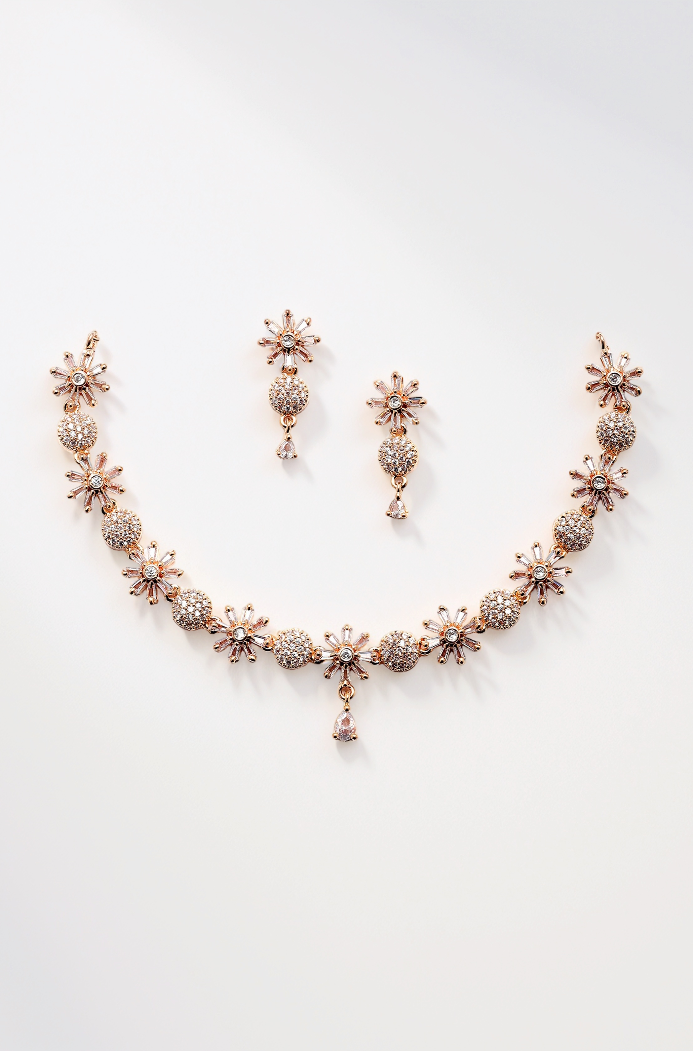 ZENEME Rhodium Plated Silver Toned White American Diamond Studded Necklace With Earring Jewellery Set For Woment and Girl