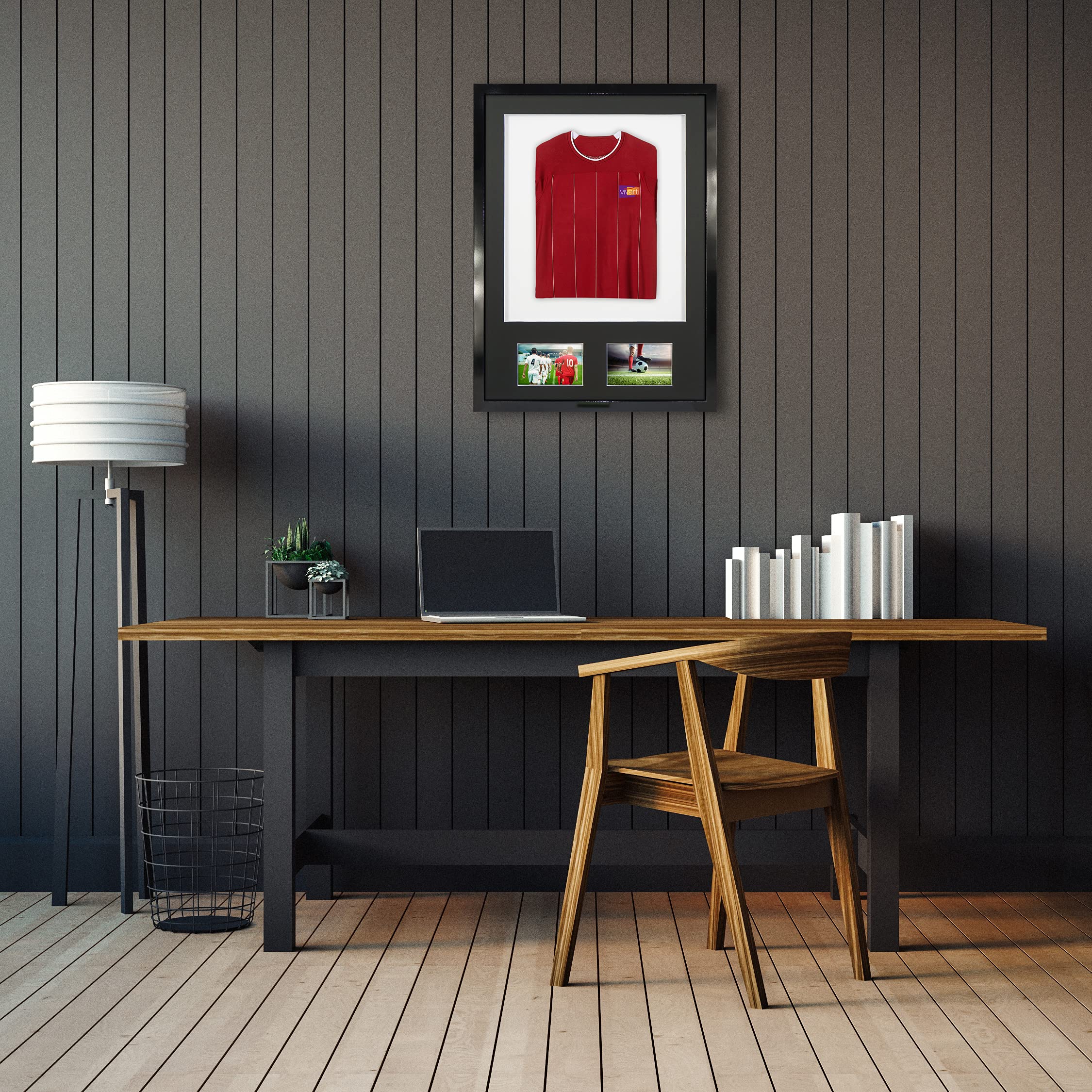 Vivarti DIY - Marco de visualización para camisa deportiva con doble apertura (50 x 70 cm), color negro brillante, soporte negro, tarjeta de respaldo blanca