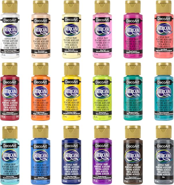 DecoArt Americana Acrylics Paint, Set of 18 Popular Colors, 2 fl oz Bottle (Pack of 18)