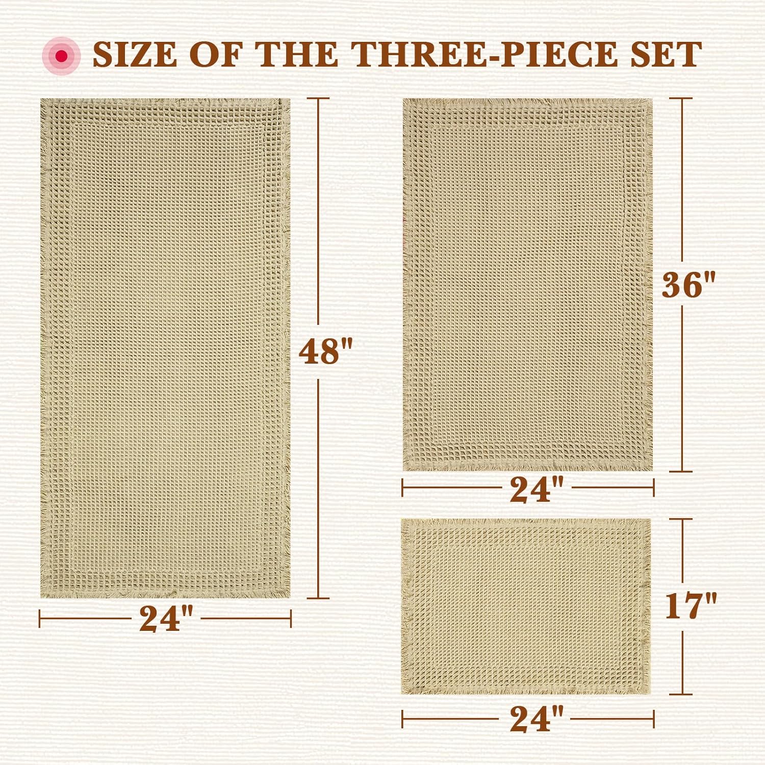 Waffle Bath Mat, Modern Woven Absorbent Non Slip Bathroom Rugs, Machine Washable Bath Rugs, Quick-Drying Bathroom Mats, Boho Tassel Style Suitable For Bathroom Floor, Brown, 24"X17"+36"X24"+48"X24"