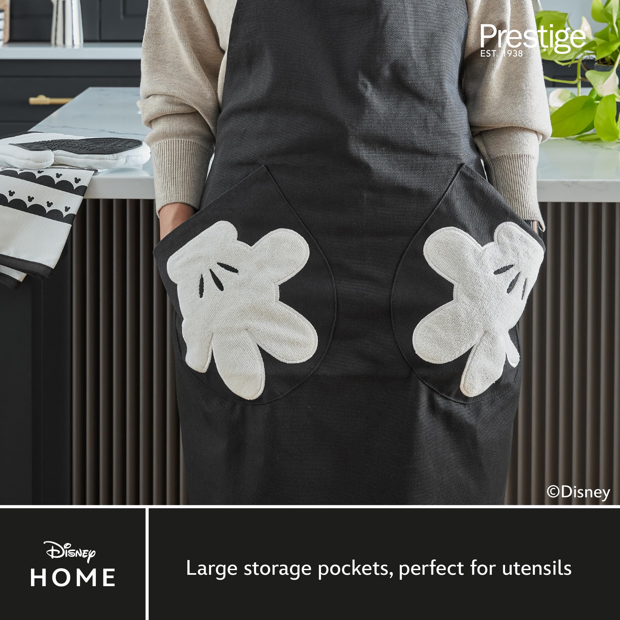 Prestige Disney - Set da cucina monocromatico in tessuto, grembiule e guanti da forno con strofinaccio, set da 2 pezzi, colore: bianco e nero