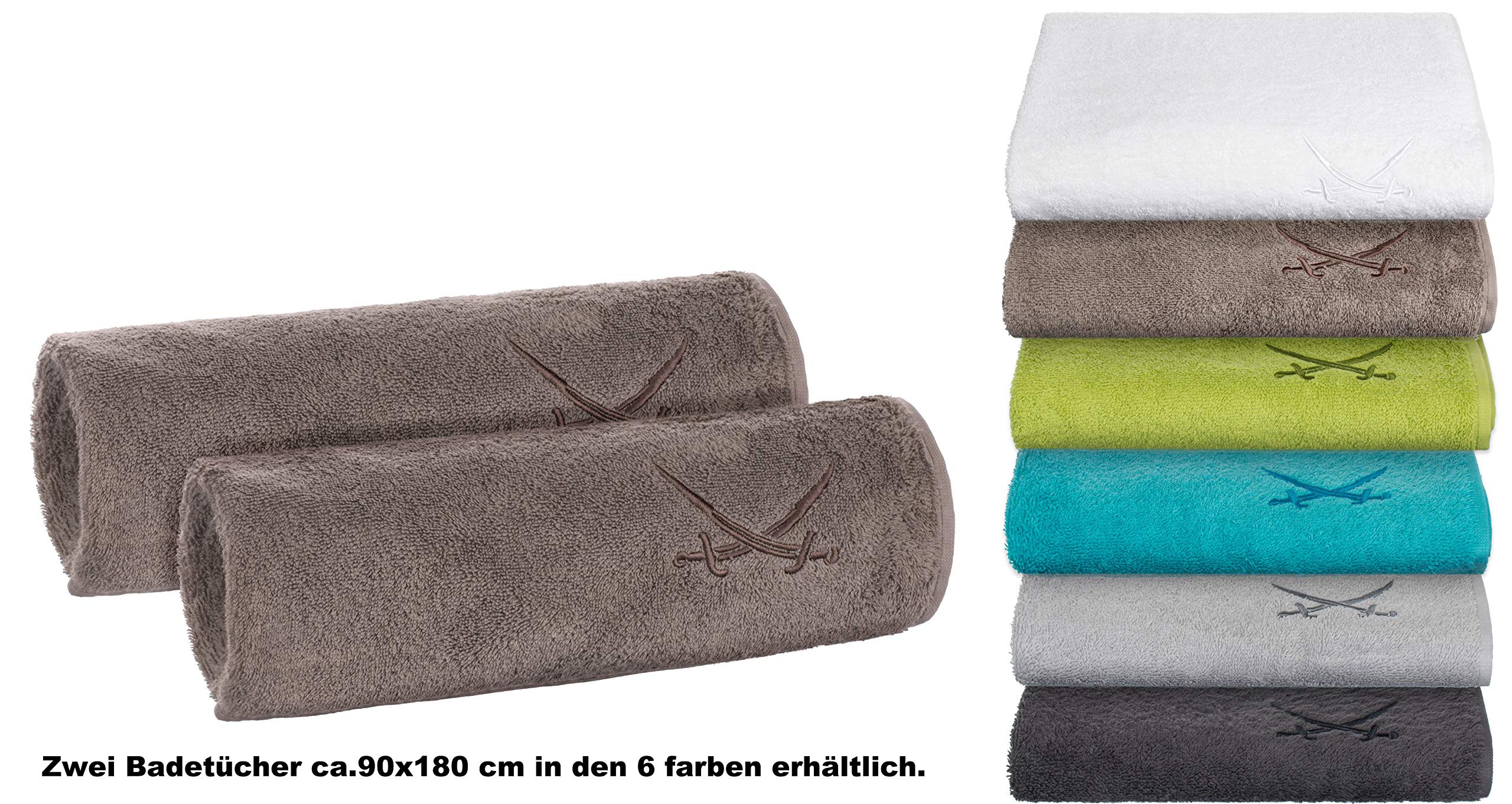 Sansibar 2er Set Badetuch 90x180 cm – saugstarkes Strandtuch/Saunatuch aus Baumwolle – Oeko-TEX zertifizierter Frottee – Sylt-Design mit gesticktem Säbel-Logo – Taupe
