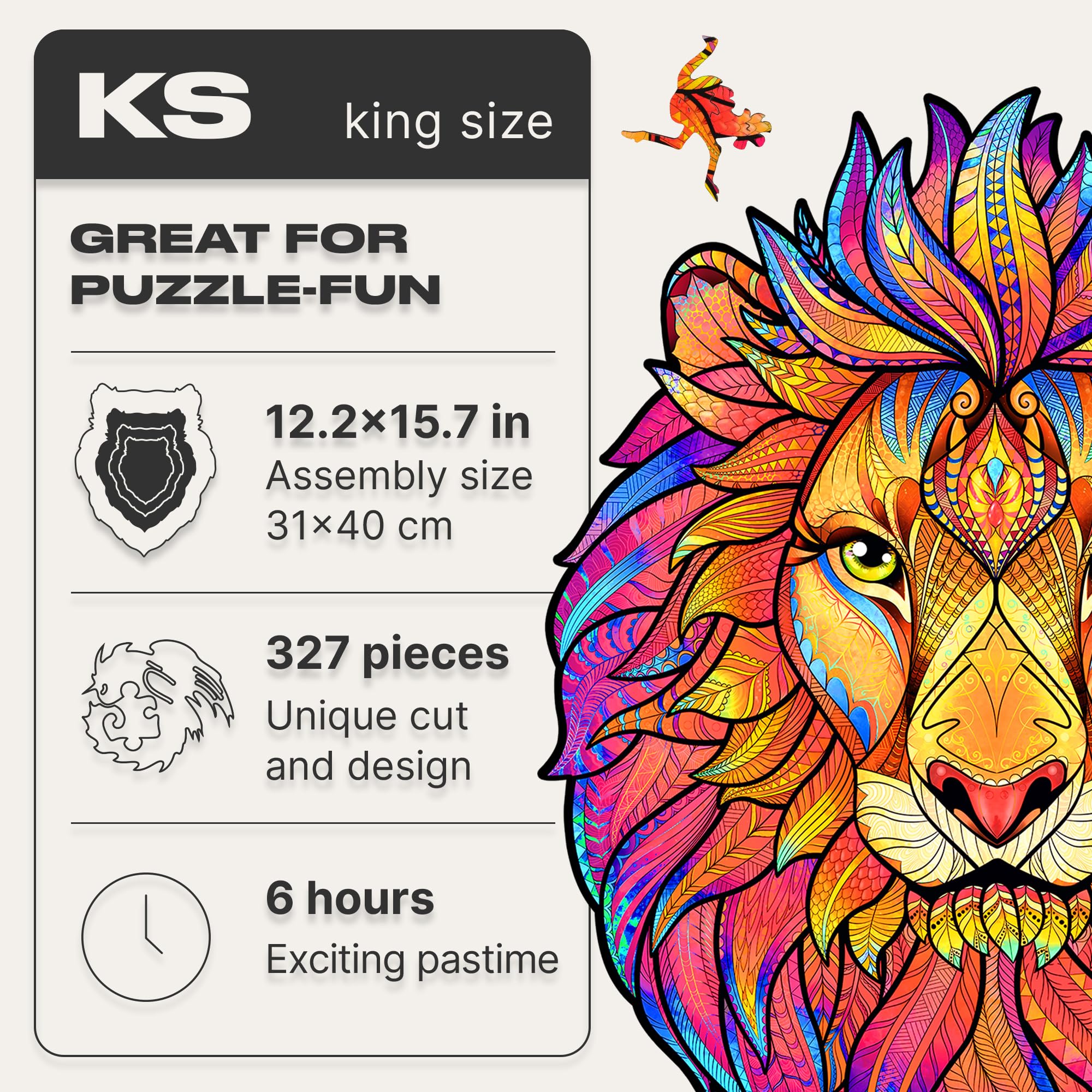 UNIDRAGON Original Wooden Puzzle - Mysterious Lion, 327 Pieces, King Size 31 х 40 cm Beautiful Gift Packaging, Unique Shape Gift for Adults