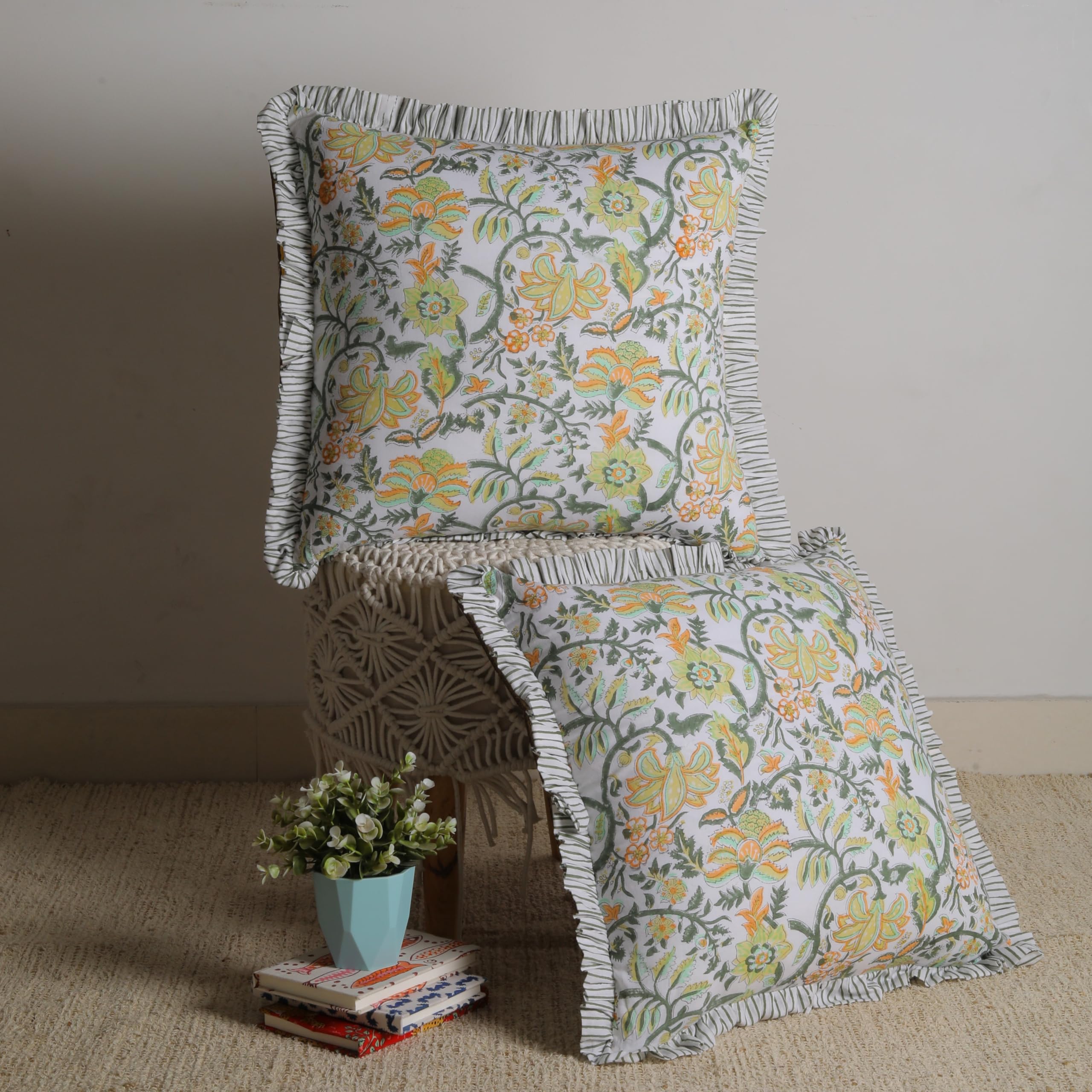 Trade Star Set of 2 Hand Block Print Throw Pillowcases Handmade Reversible Farmhouse PiIlow Covers Soft Cotton Ruffle