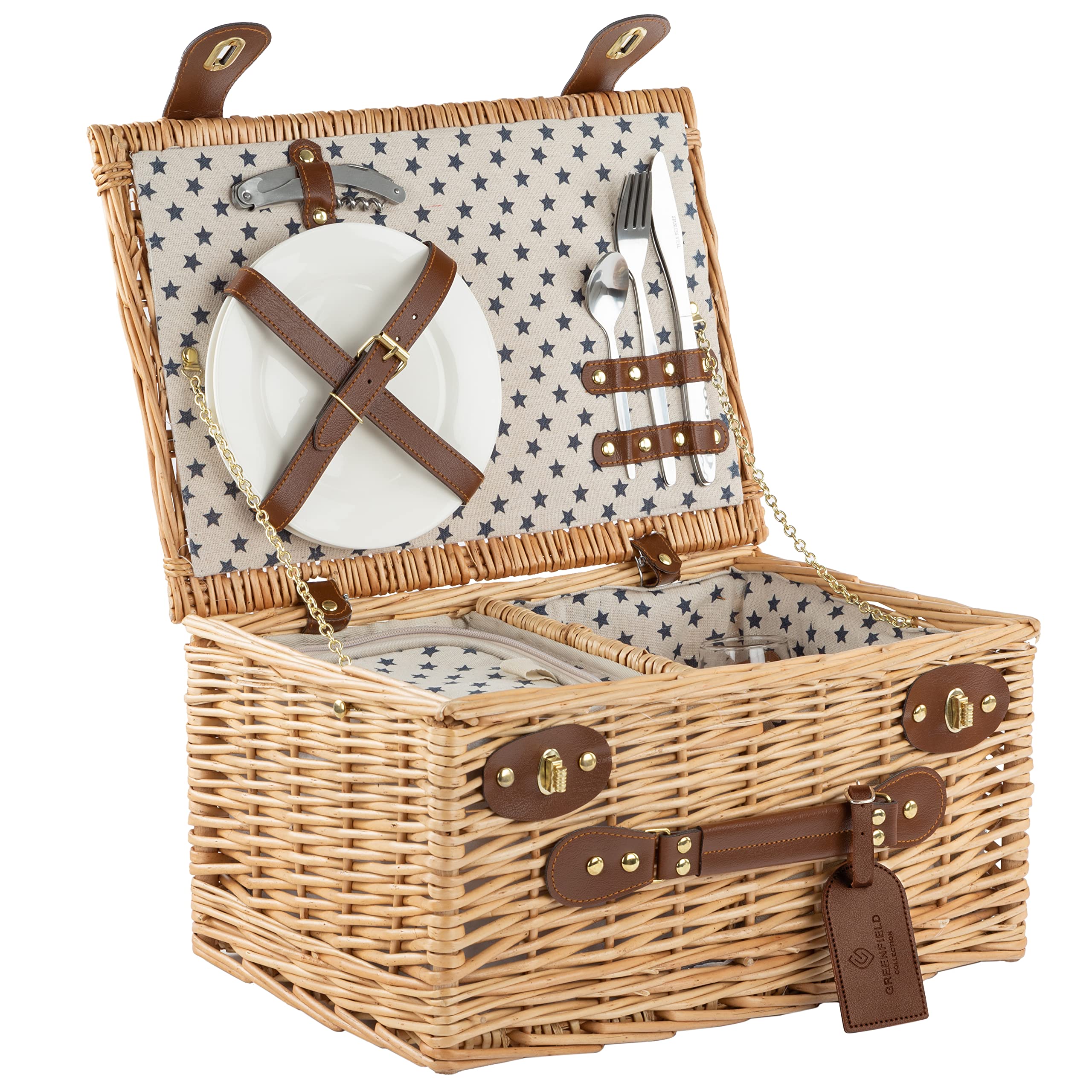 Greenfield Collection Purbeck 2 Person Picnic Basket Hamper Inlcudes Dishwasher Safe Flatware, Cutlery, Plates And Wine Glasses.