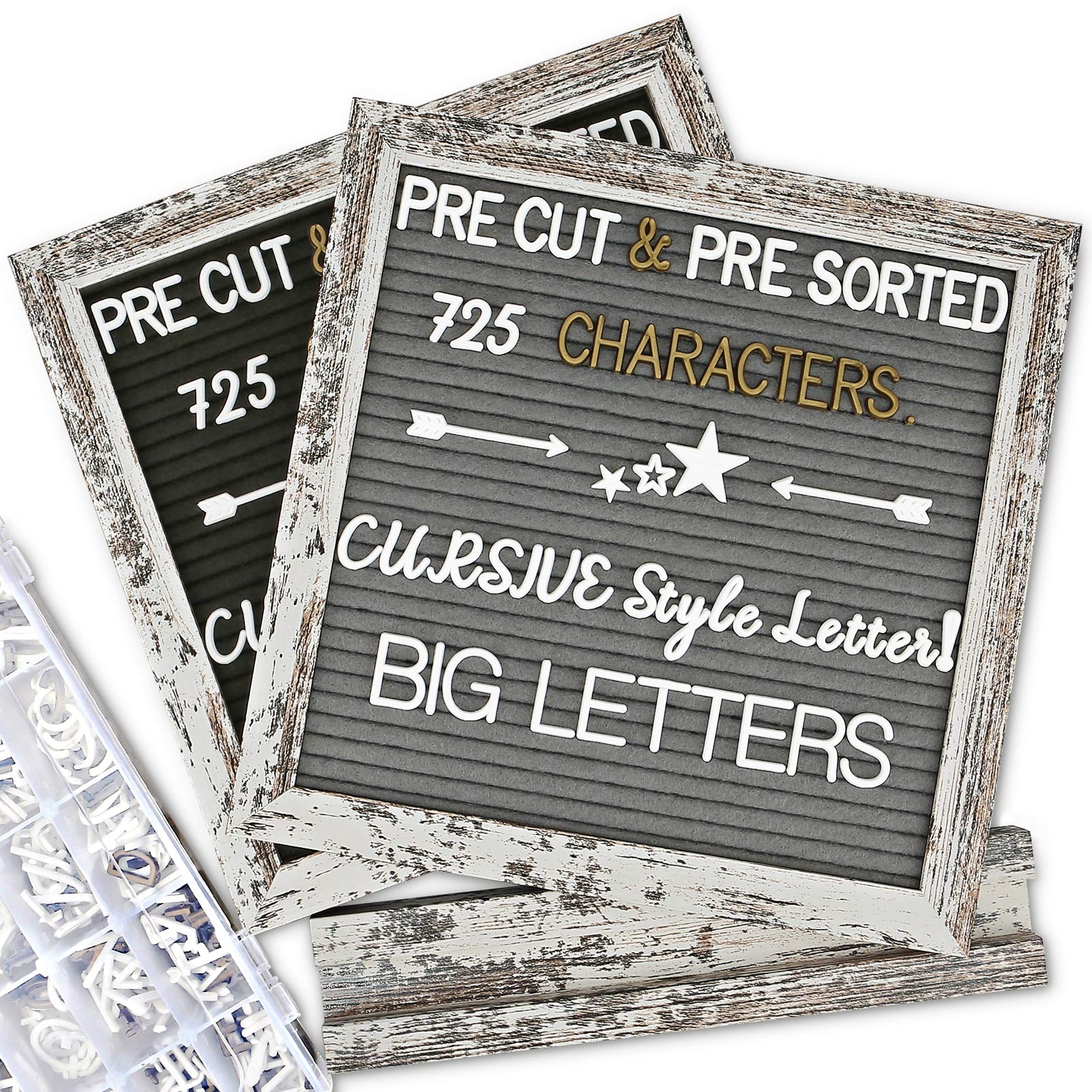 Double Sided Felt Letter Board with Rustic Wood Frame 10x10 Inch - Pre Cut &amp; Sorted 725 Letters with Stand, Cursive Style Letters, Big Letters, Letter Organizer, Tabletop Display