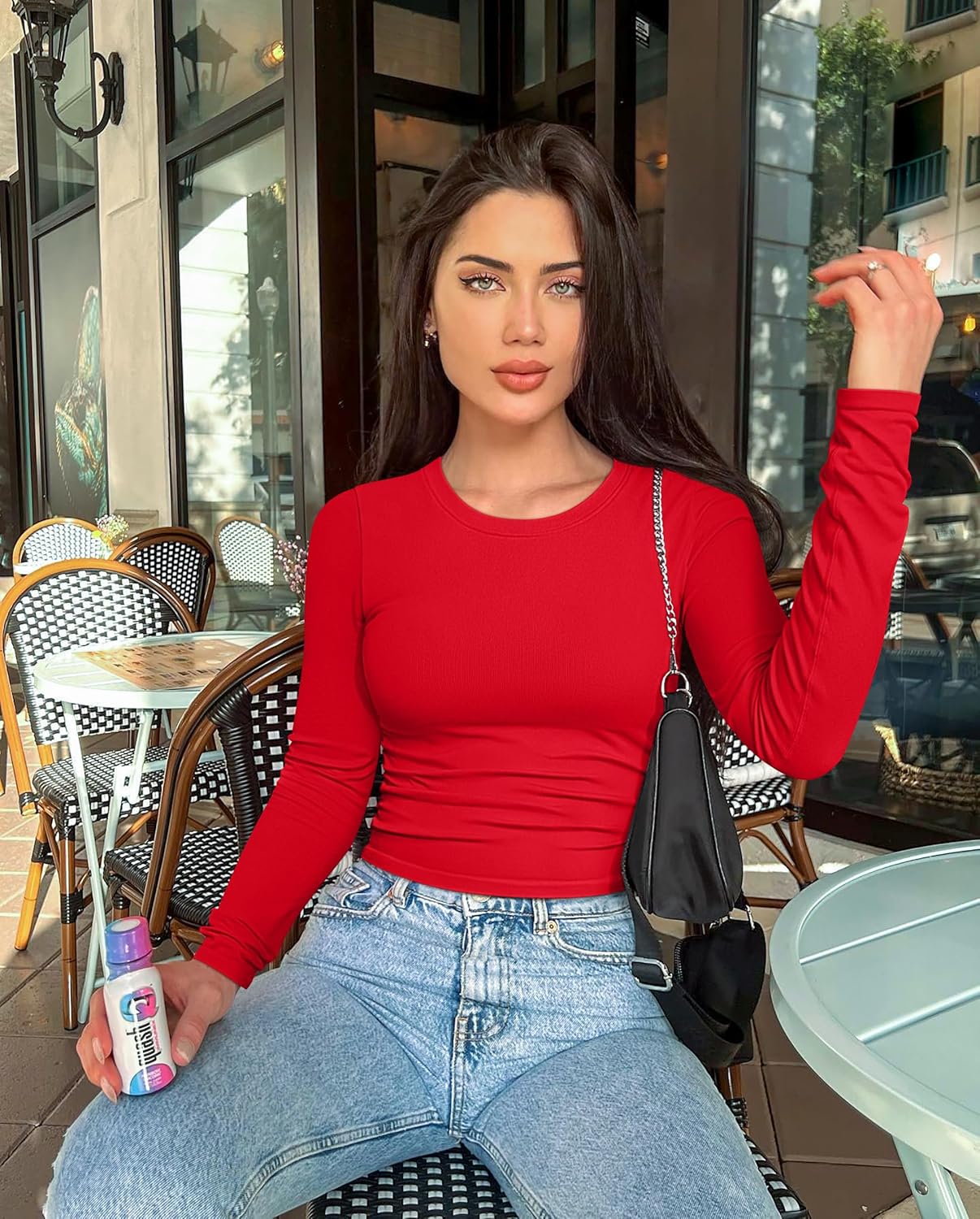 OQQ Womens 2 Piece Shirts Long Sleeve Crew Neck Ruched Stretch Basic Fitted Tee Shirts Tops - Image 2