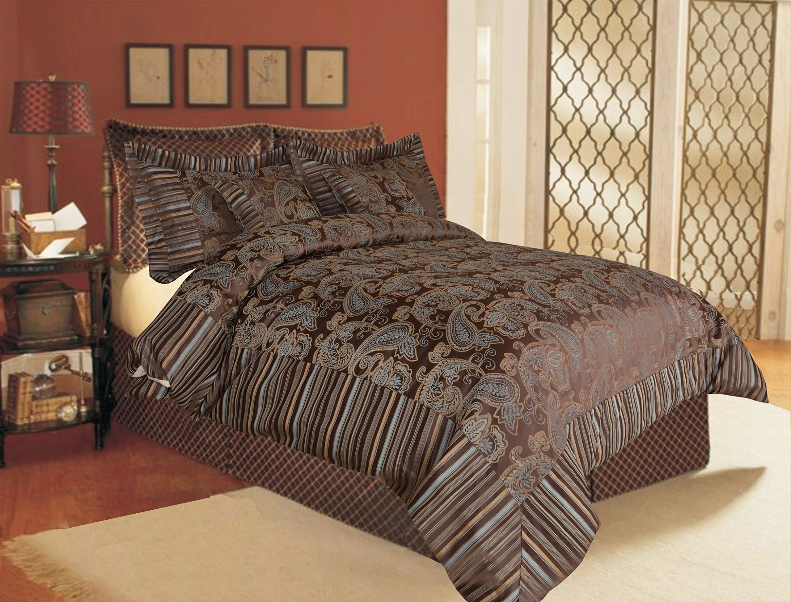 Tache 6 Pieces Luxurious Winter Frost Paisley Dark Brown Blue Chenille Comforter Set, King