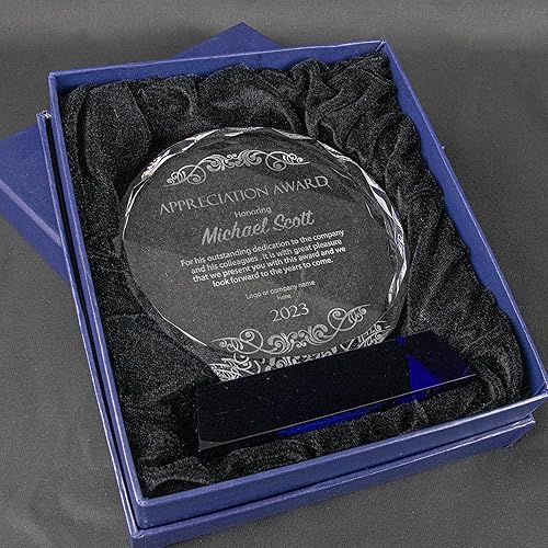 Miniatura 10 de Placa de cristal personalizada de faceta redonda en la base azul, premio de vidrio grabado personalizado para apreciación, reconocimiento,