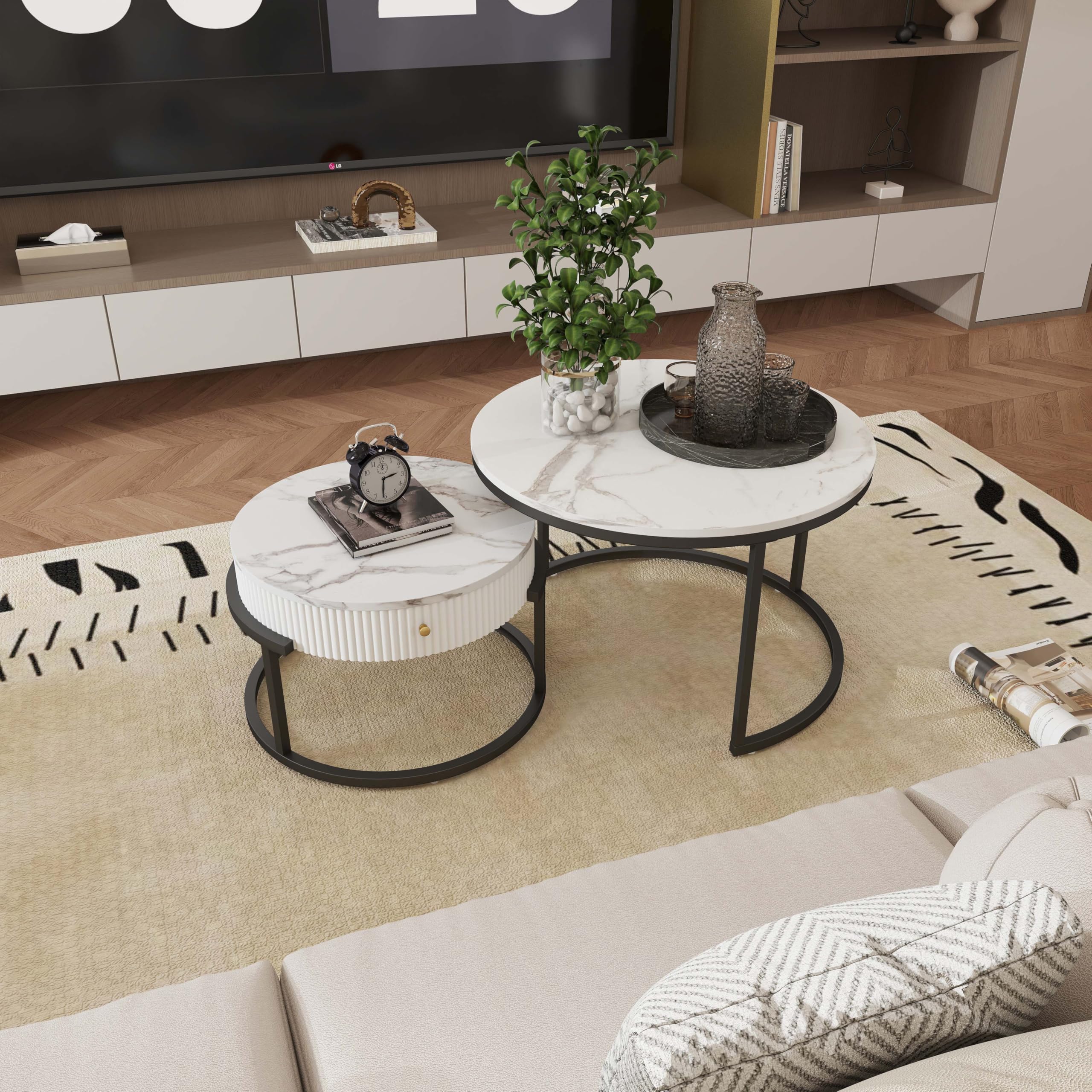 Tavolino da Divano, Tavolino Salotto Moderno Rotondo a cornice nera set di 2 pezzi, Tavolo Bianco con effetto marmo e cassetto