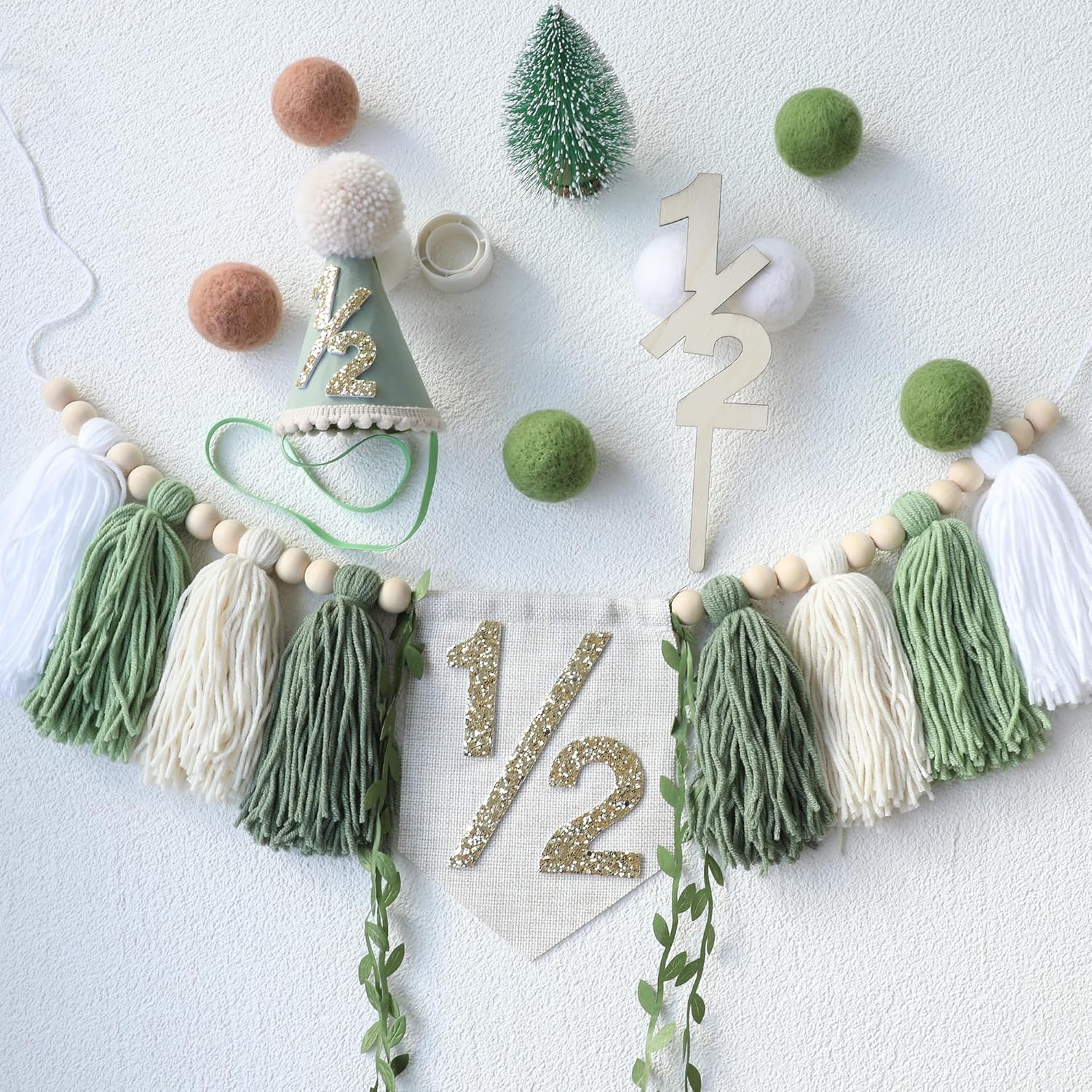 1/2 Birthday High Chair Banner For Half Way To One Party Decorations Wood Bead Tassel Garland Green Crown Hat Wooden Cake Topper Happy Half Year Party Photoshoot Props - Image 6