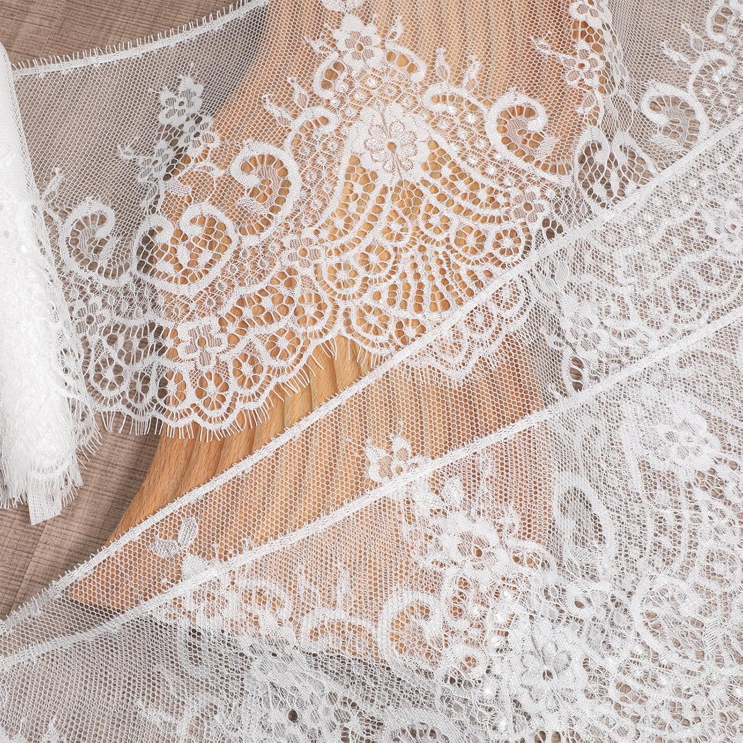 Lace Trim Ribbon White Lace Fabric Wide Trim Sewing Crafts 8 Inch Wide 120 Inch Long Polyester Laces Strips Floral Design for Sewing and Bridal Wedding Dress Applique Decorations, Crafts Wrapping