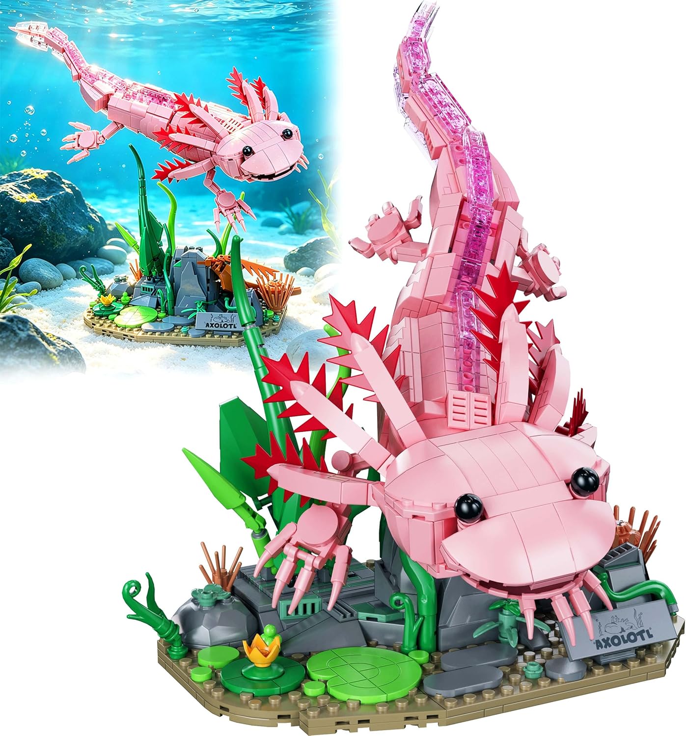 Axolotl MOC Building Blocks Set 998 Pcs, Realistic Poseable Amphibian Model with Aquatic Scenery Base Compatible with LEGO Animals, STEM Desk Decor Toy Gift for Adults & Teens Ages 14+