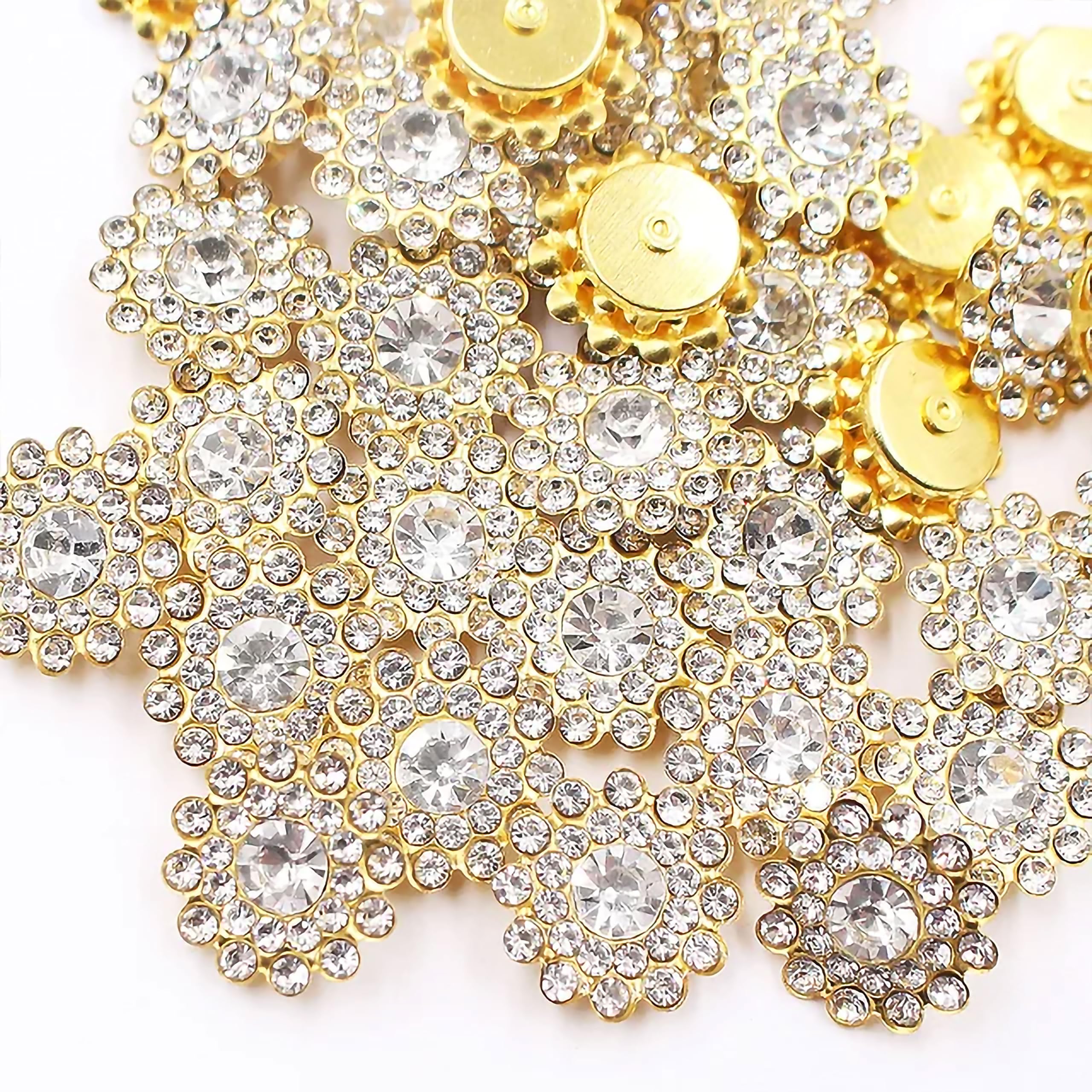 INDIKONB Zarkan Flower Buttons for Jewellery and Craft Making | AAA Quality Zircon Stones | 14mm Size | Beads for Rakhi & Craft Projects | Pack of 100 (Silver)