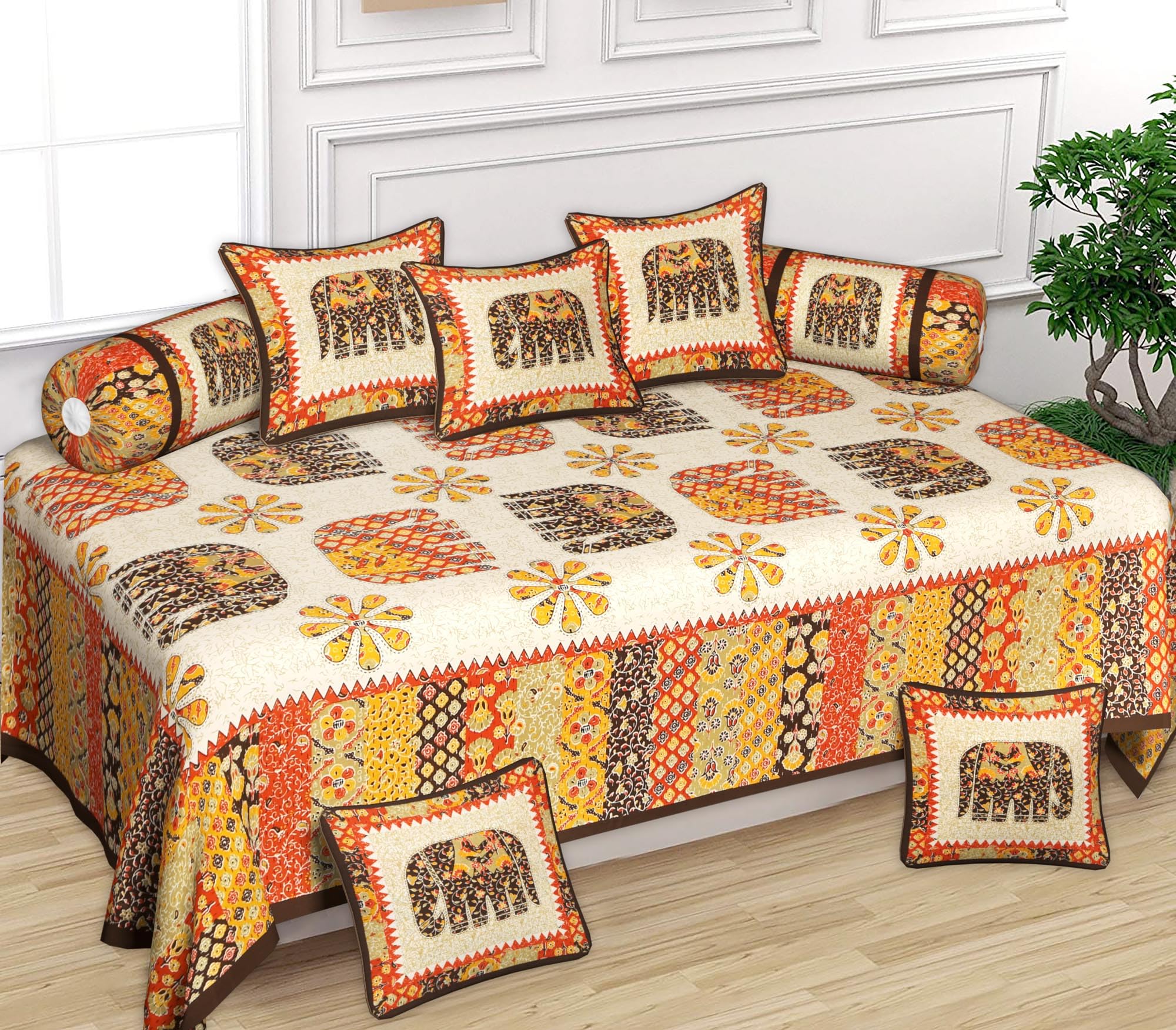 AMLEXTTRIZ Barmeri Special Elephant Design Pure & Soft Cotton Diwan Set – 8 Pieces (5 Cushion Covers, 2 Bolster Covers, 1 Bedsheet) (Brown)-image-2