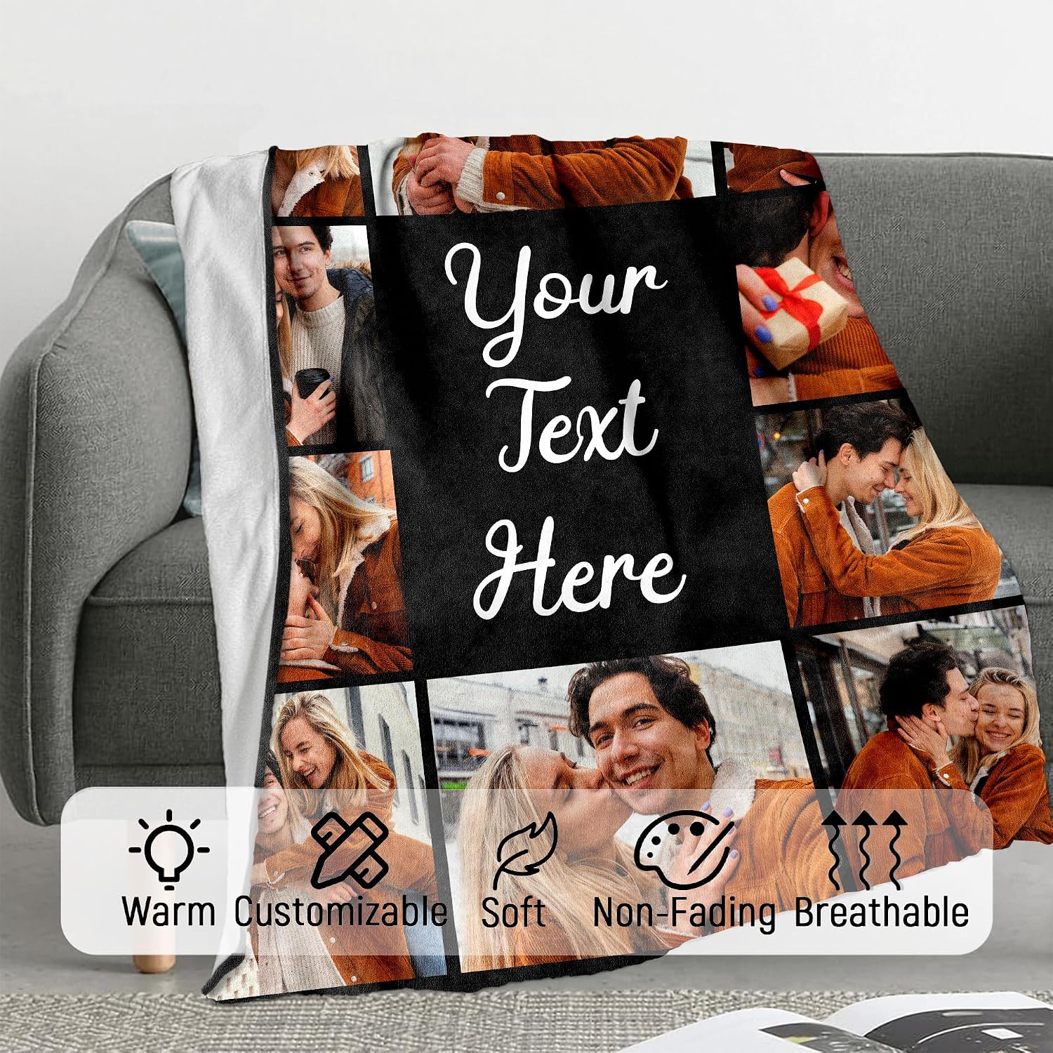 GOSSBY Personalized Custom Blanket Photo Upload With Custom Text Customized Blanket With Picture Your Text Photos Blankets, Personalized Gifts For Family Dad Mom Couples, Custom Photo Blanket Memorial