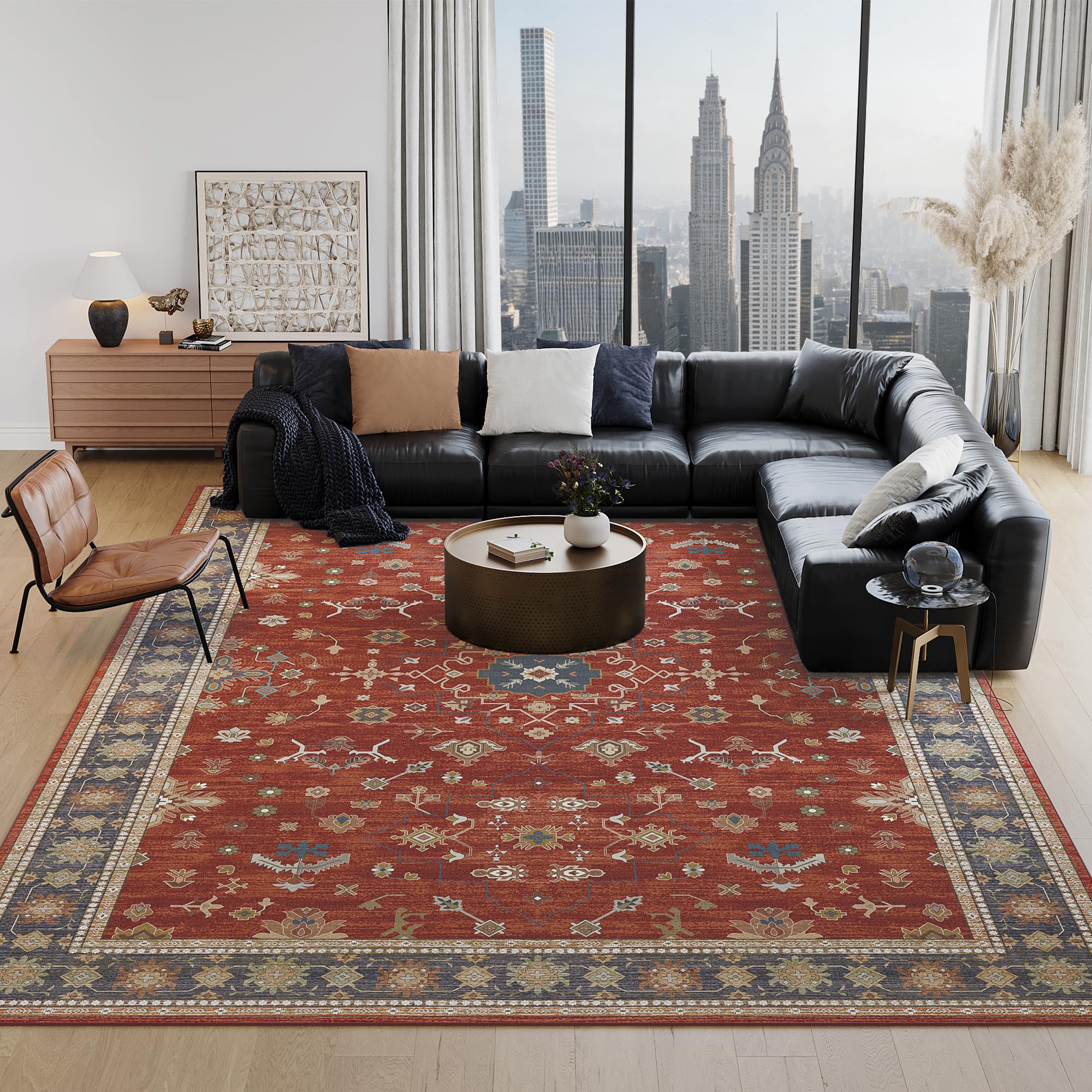 Large Rugs for Living Room, 8x10 feet Red Washable Rug for Bedroom, Soft Boho Indoor Carpets, Big Modern Kids Room Rug, Non-Slip Low Pile Mat for Office Home Dining Room Christmas Decor, Red/Gold